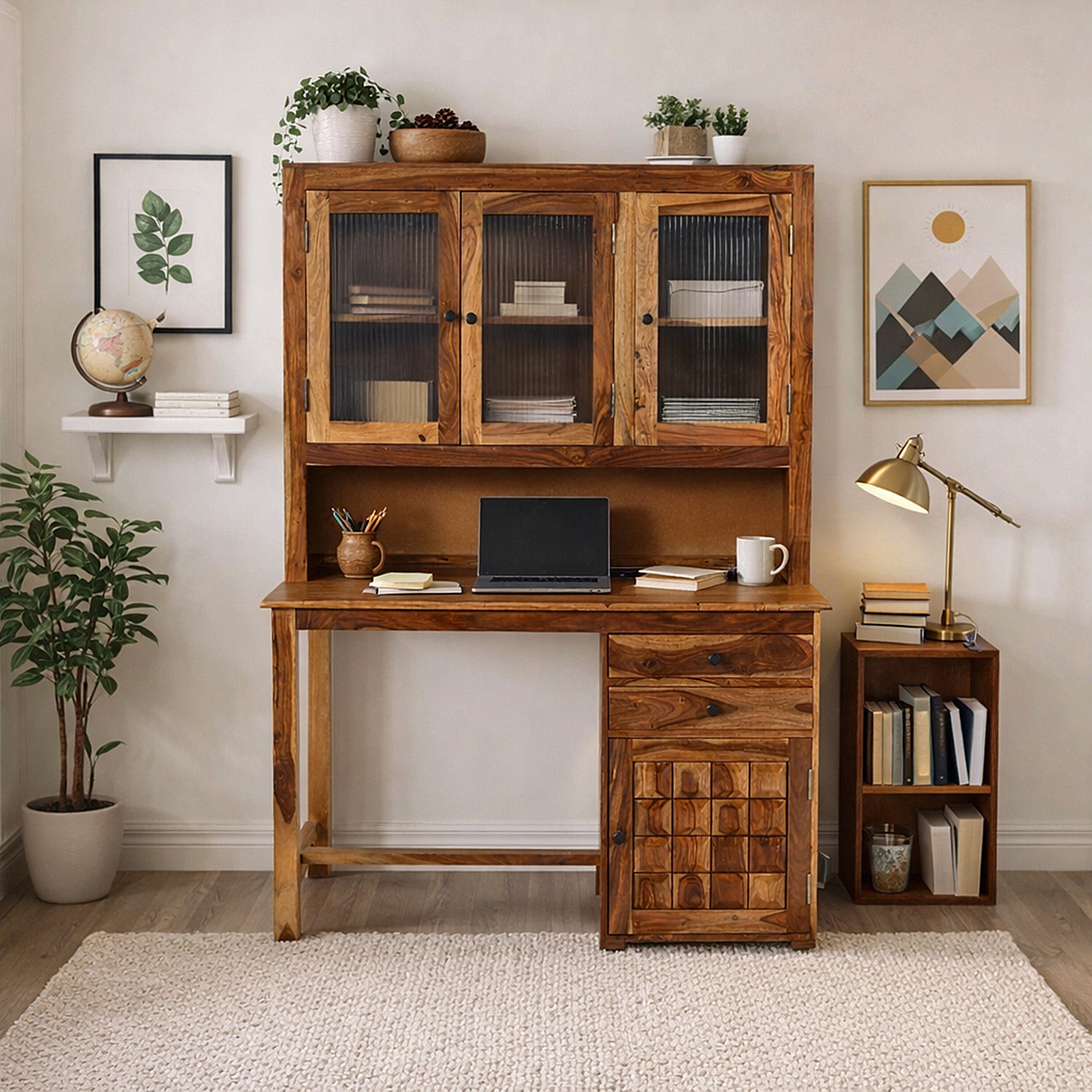 Solid Sheesham Wood Study Desk with Hutch,Glass Cabinets & Storage