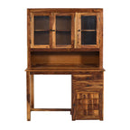 Solid Sheesham Wood Study Desk with Hutch,Glass Cabinets & Storage
