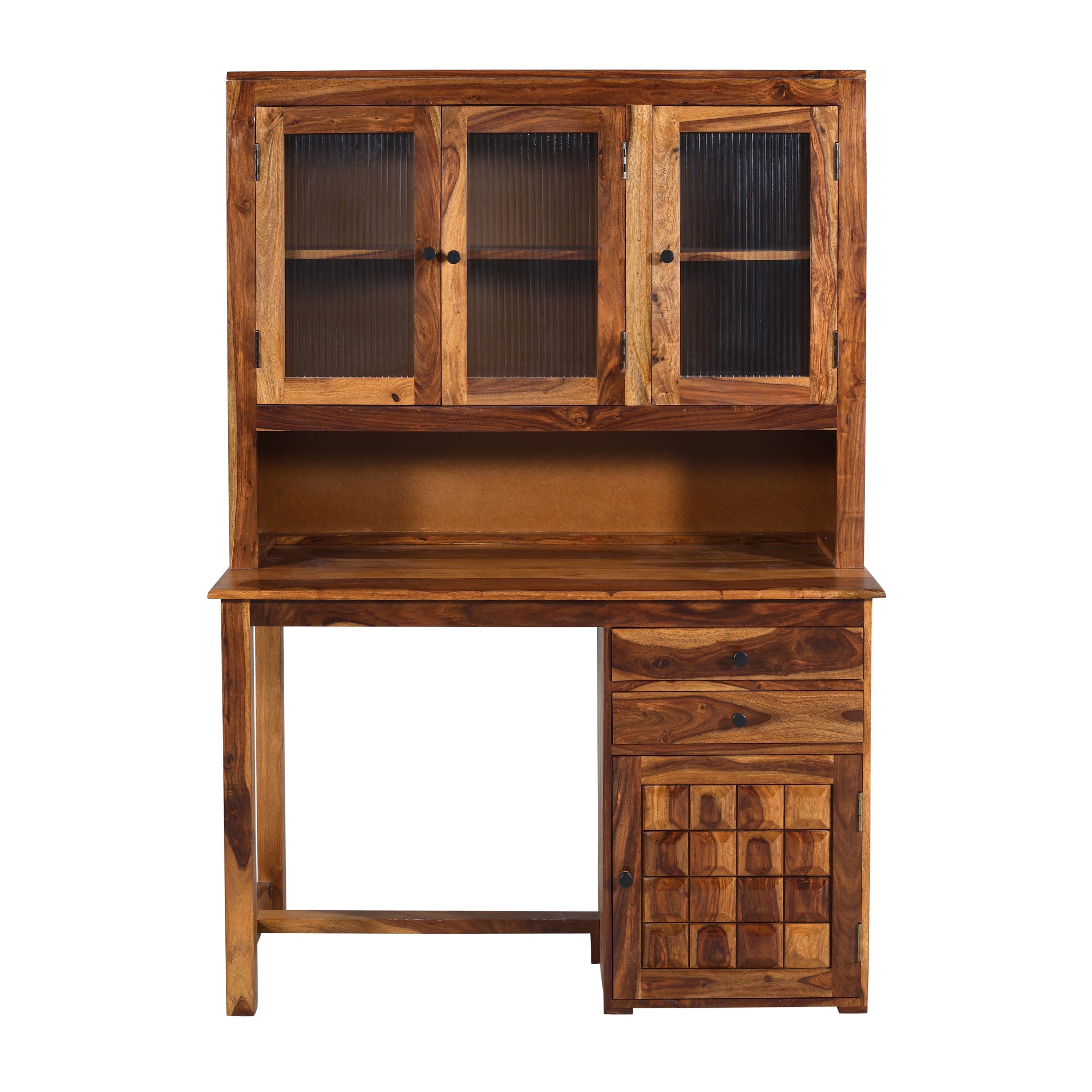 Solid Sheesham Wood Study Desk with Hutch,Glass Cabinets & Storage