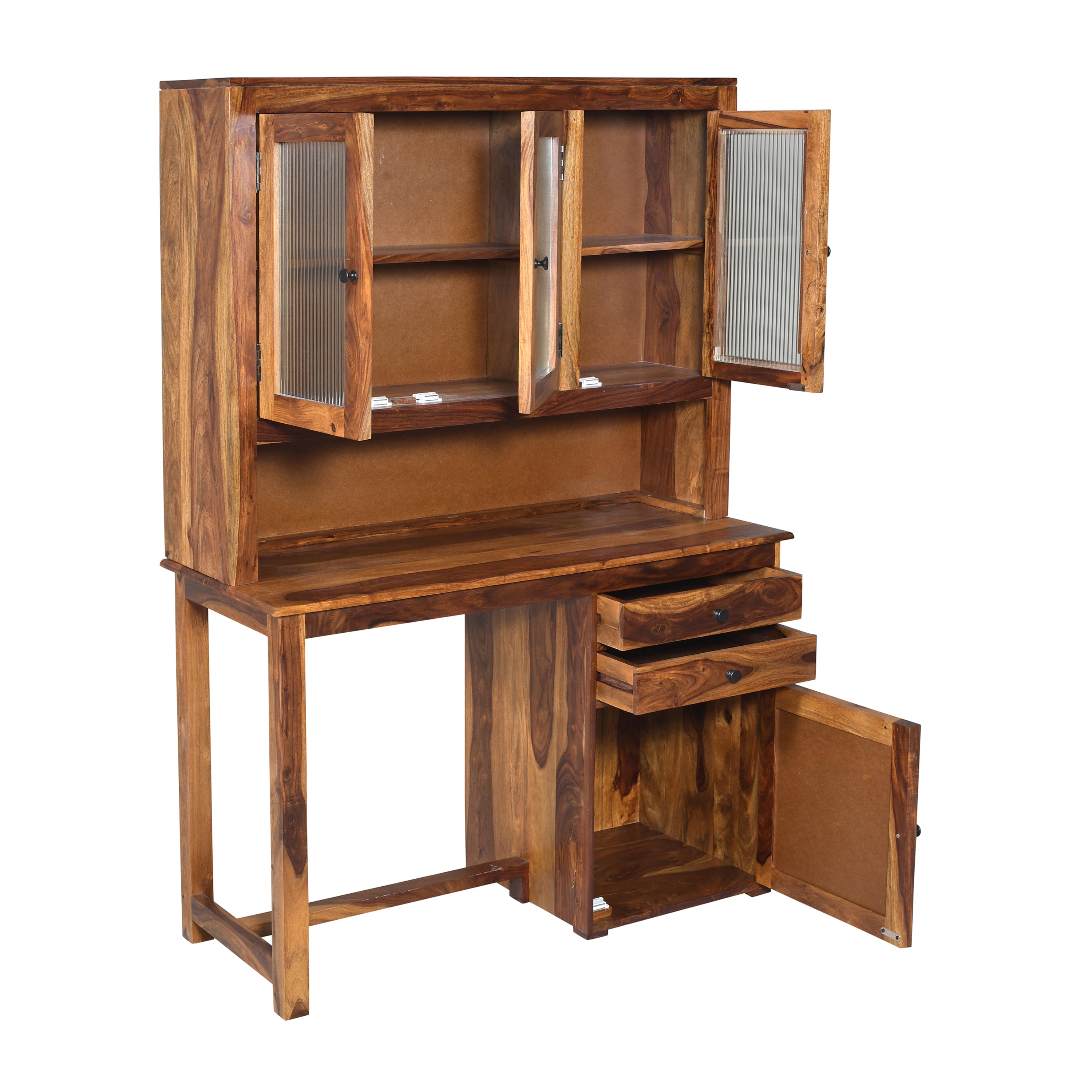 Solid Sheesham Wood Study Desk with Hutch,Glass Cabinets & Storage