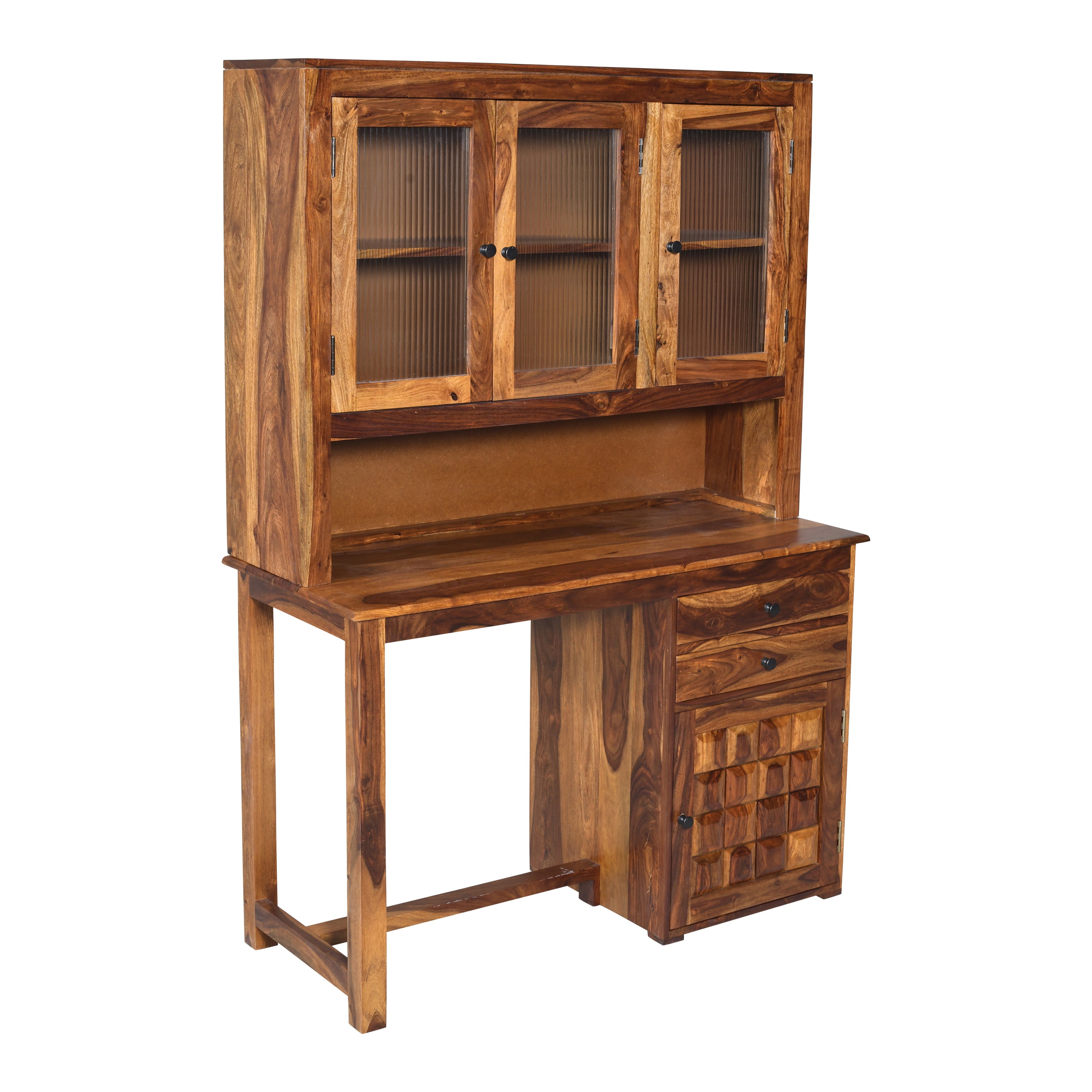 Solid Sheesham Wood Study Desk with Hutch,Glass Cabinets & Storage