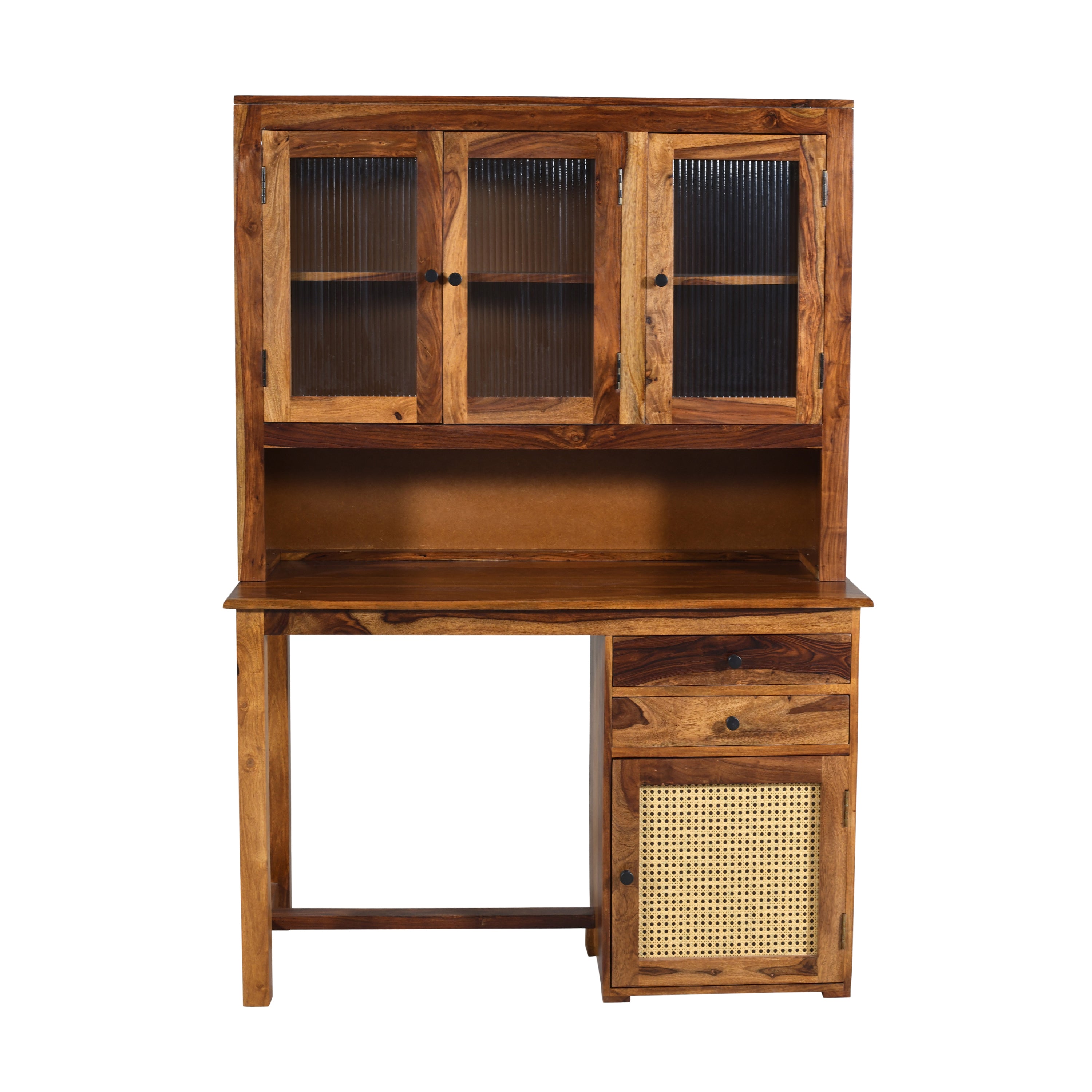 Sheesham Wood Study Desk with Hutch, Ribbed Glass Cabinets & Cane Panel Storage