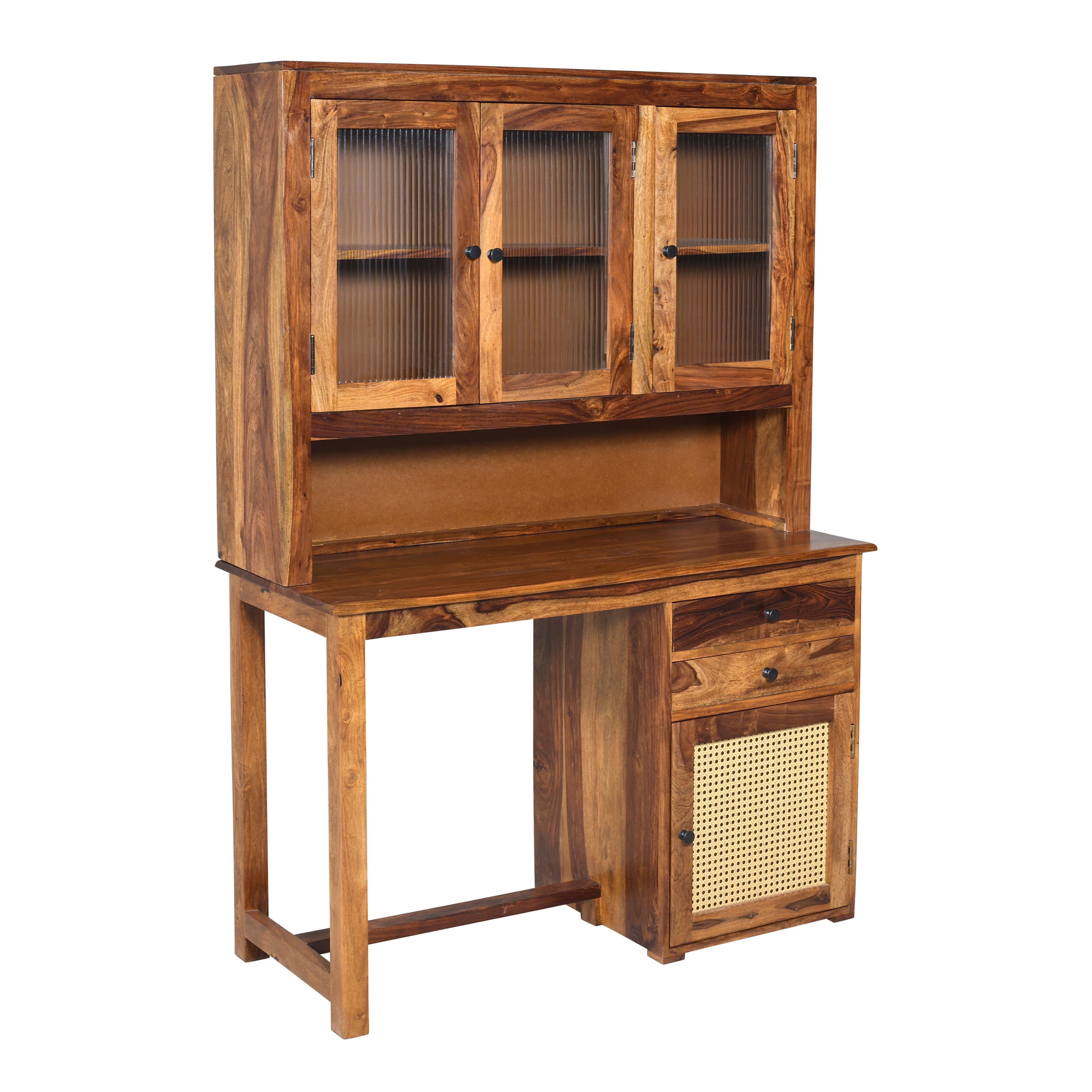 Sheesham Wood Study Desk with Hutch, Ribbed Glass Cabinets & Cane Panel Storage