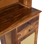 Sheesham Wood Study Desk with Hutch, Ribbed Glass Cabinets & Cane Panel Storage