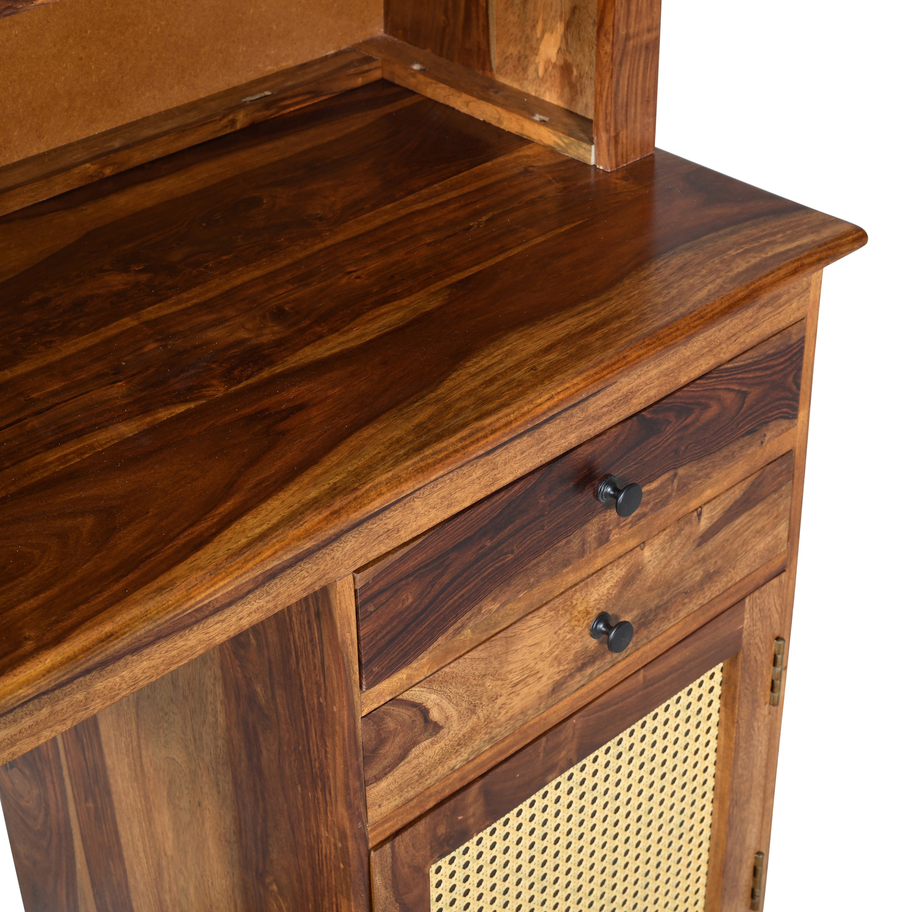 Sheesham Wood Study Desk with Hutch, Ribbed Glass Cabinets & Cane Panel Storage