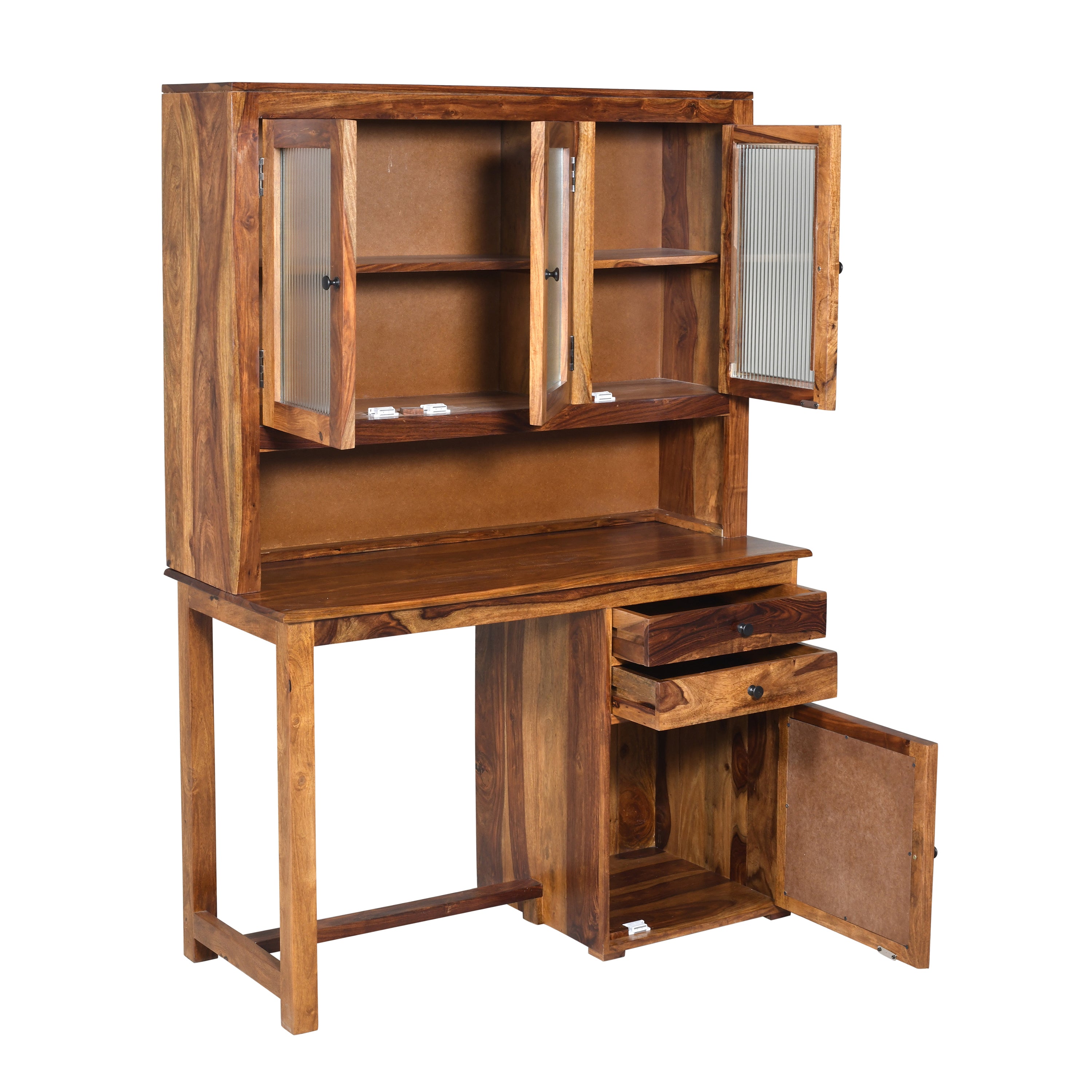 Sheesham Wood Study Desk with Hutch, Ribbed Glass Cabinets & Cane Panel Storage