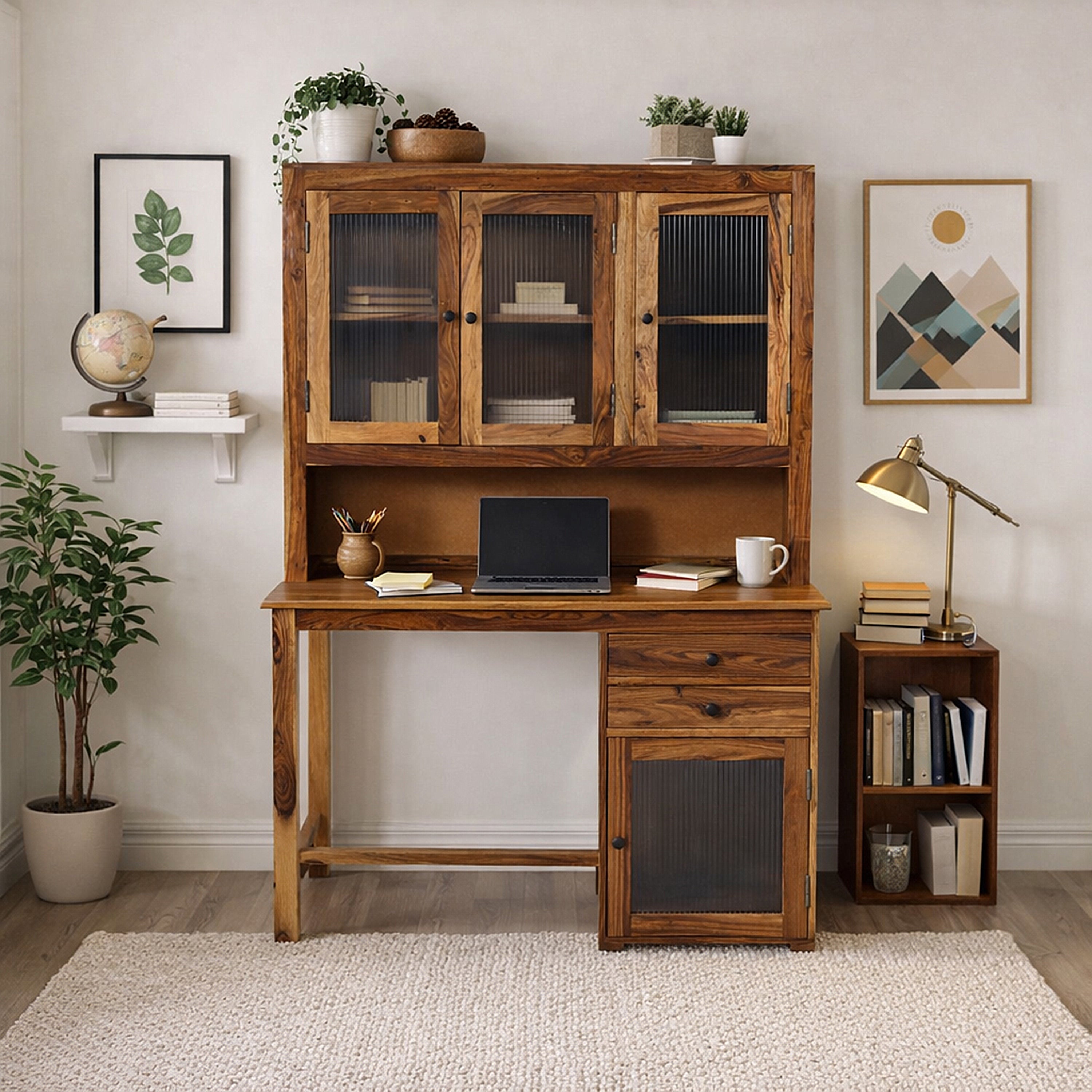Solid Sheesham Wood Study Desk with Hutch & Storage Cabinet