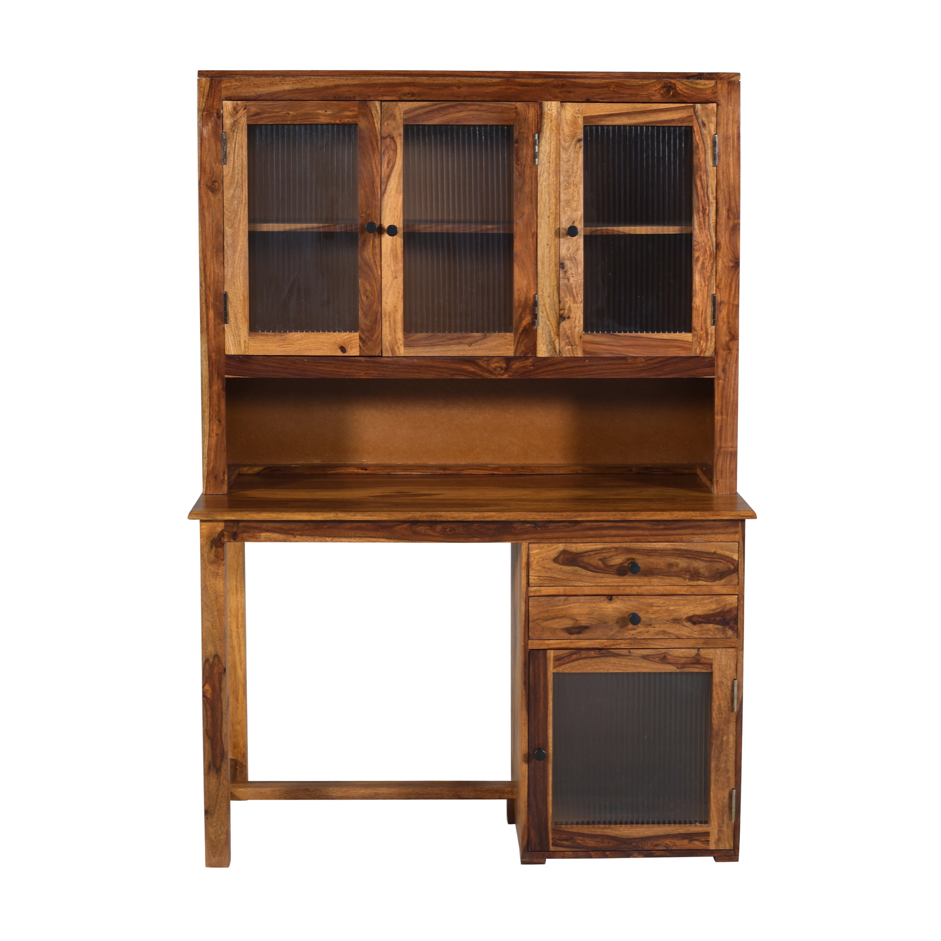 Solid Sheesham Wood Study Desk with Hutch & Storage Cabinet