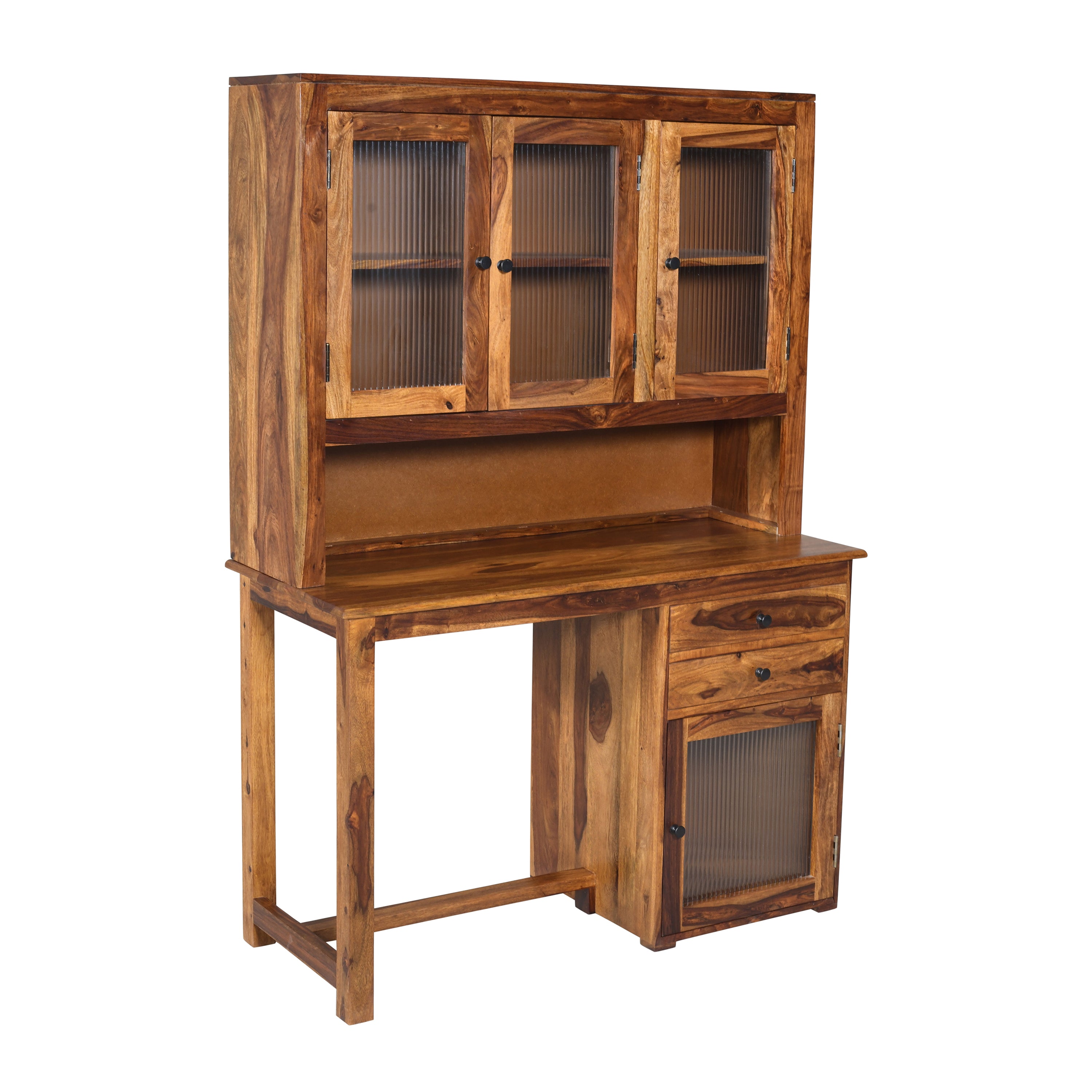 Solid Sheesham Wood Study Desk with Hutch & Storage Cabinet