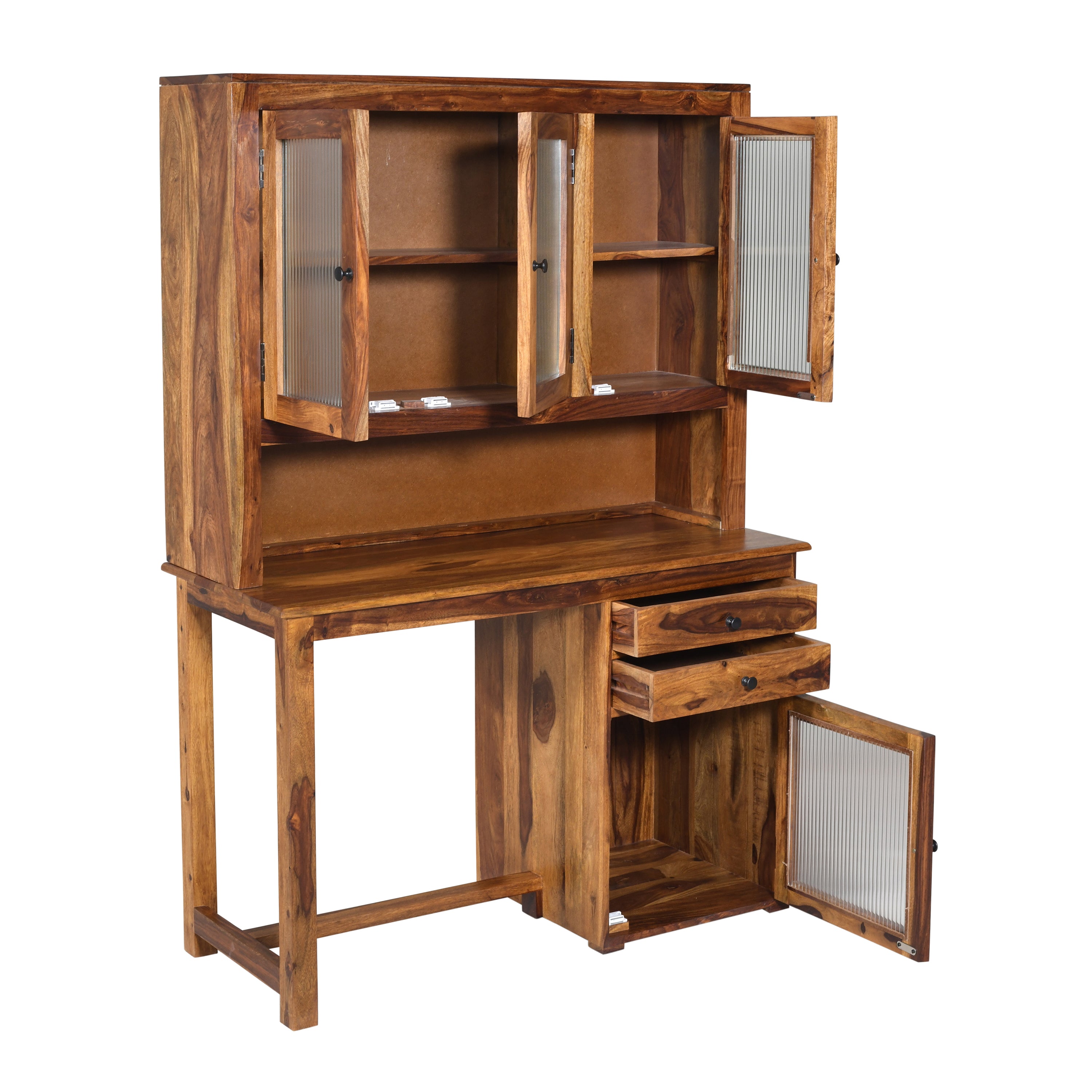 Solid Sheesham Wood Study Desk with Hutch & Storage Cabinet