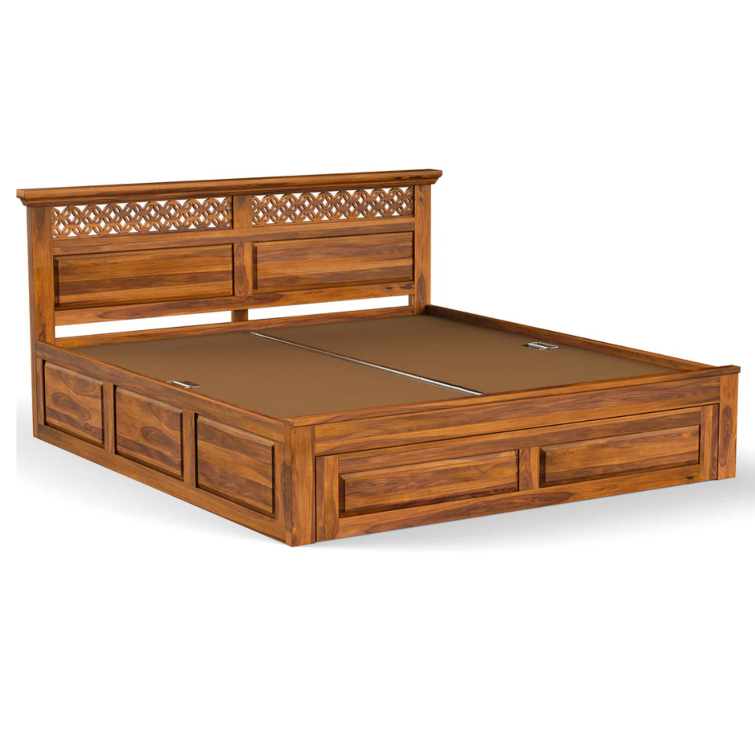 Wooden Flower Solid Sheesham Wood Bed with Floral Jaali Headboard Design