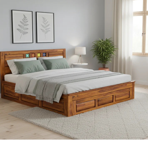 Bed Siramika – Solid Sheesham Wood Bed with Ceramic Tile Headboard Design