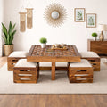 Solid Sheesham Wood Low Height Coffee Table with 4 Cushioned Stools