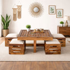 Solid Sheesham Wood Low Height Coffee Table with 4 Cushioned Stools