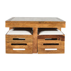 Solid Sheesham Wood Low Height Coffee Table with 4 Cushioned Stools