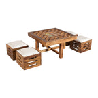 Solid Sheesham Wood Low Height Coffee Table with 4 Cushioned Stools
