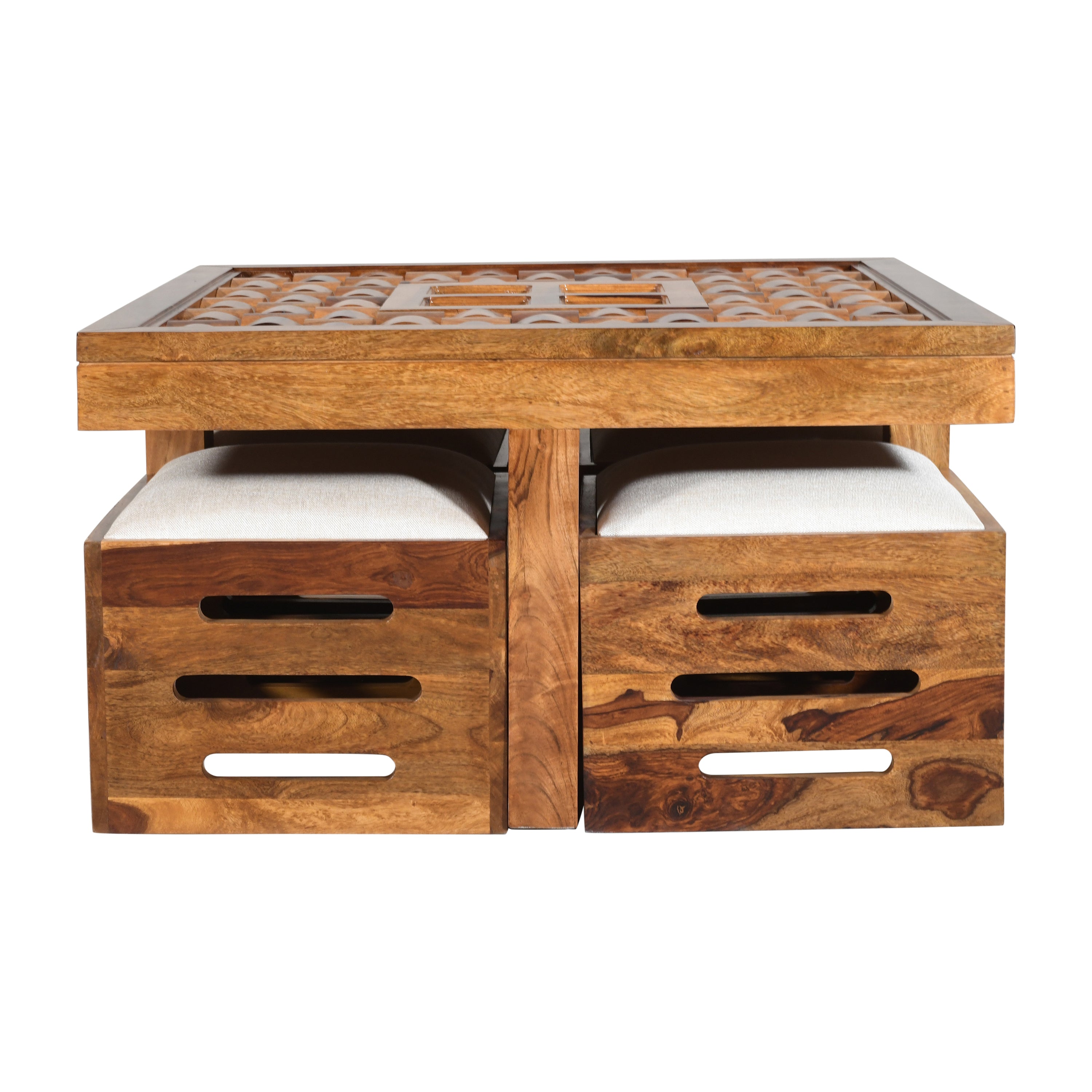 Solid Sheesham Wood Low Height Coffee Table with 4 Cushioned Stools