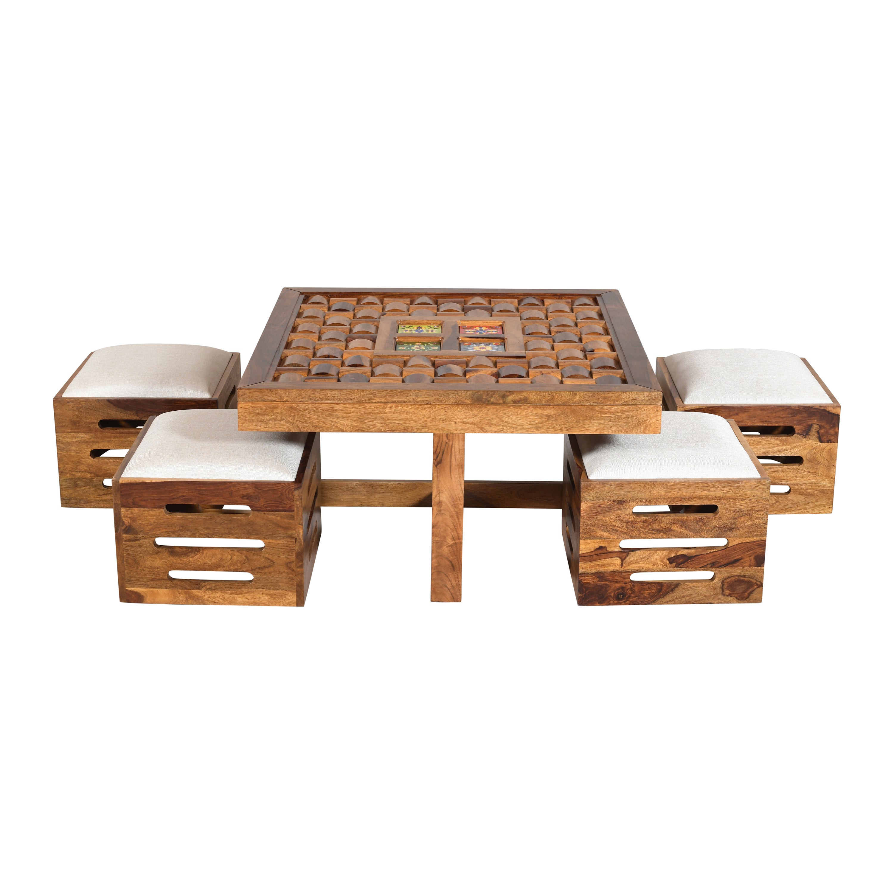 Solid Sheesham Wood Low Height Coffee Table with 4 Cushioned Stools