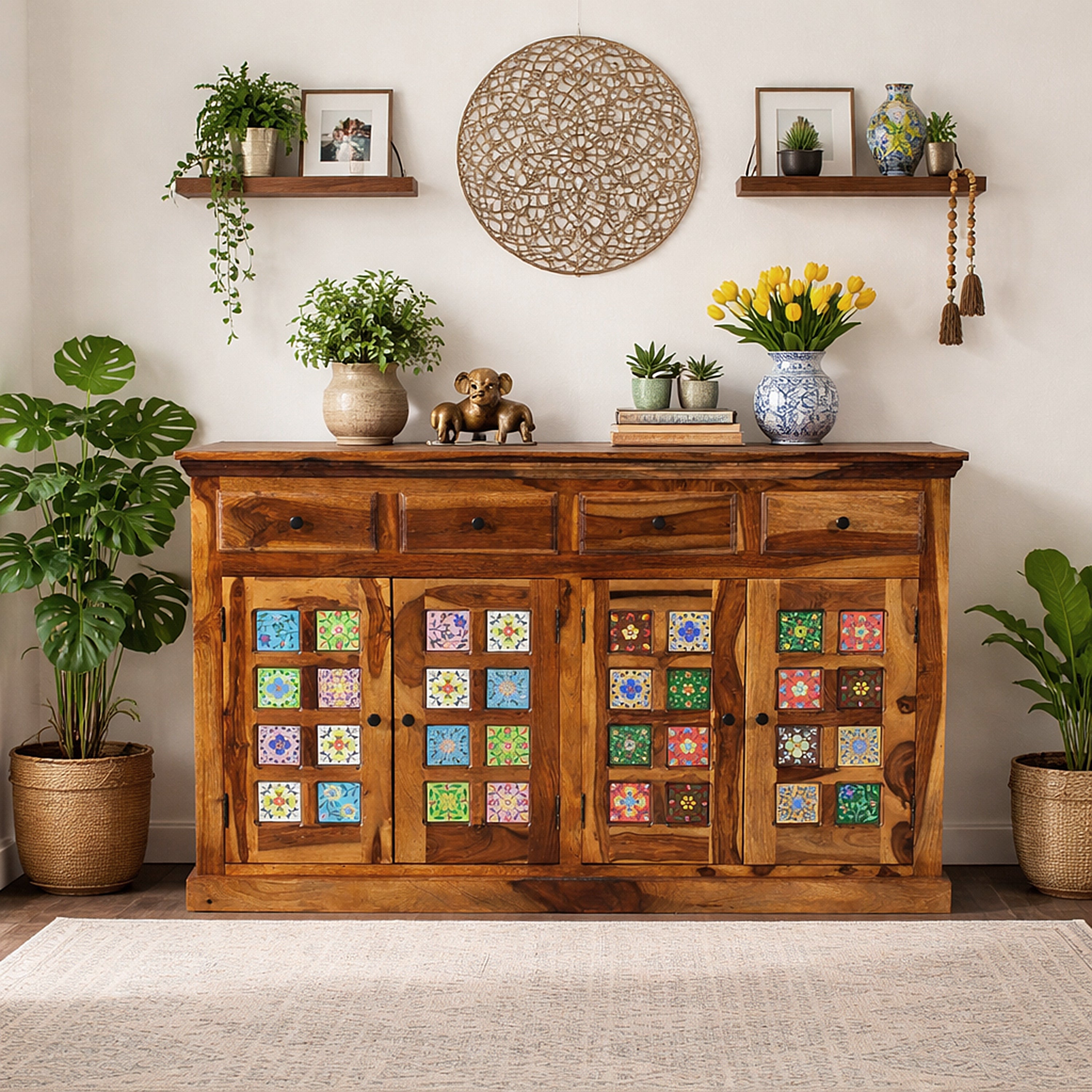 Handcrafted Solid Wood Sideboard Cabinet with Ceramic Tile Doors & Drawers