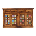 Handcrafted Solid Wood Sideboard Cabinet with Ceramic Tile Doors & Drawers