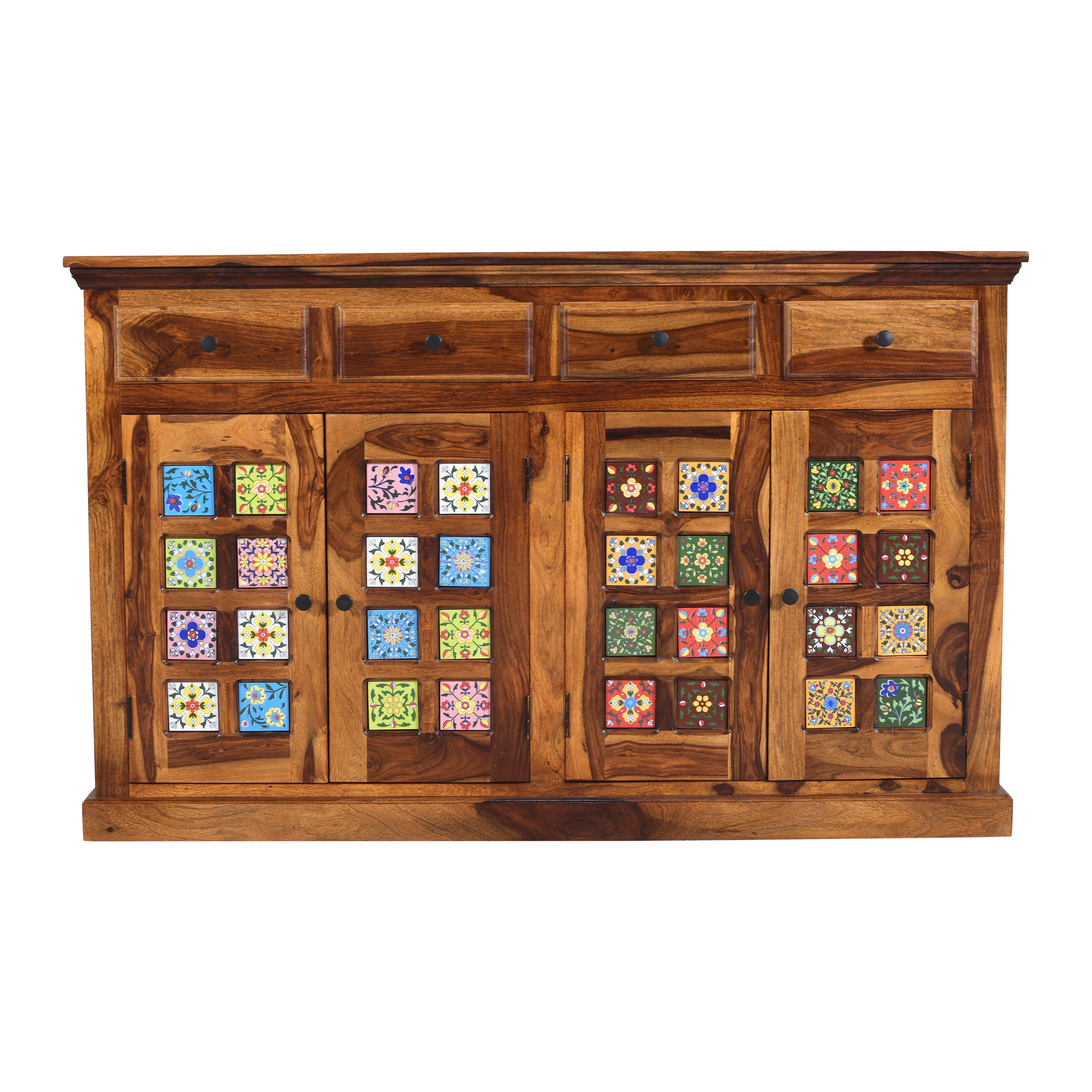 Handcrafted Solid Wood Sideboard Cabinet with Ceramic Tile Doors & Drawers
