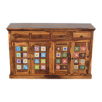Handcrafted Solid Wood Sideboard Cabinet with Ceramic Tile Doors & Drawers