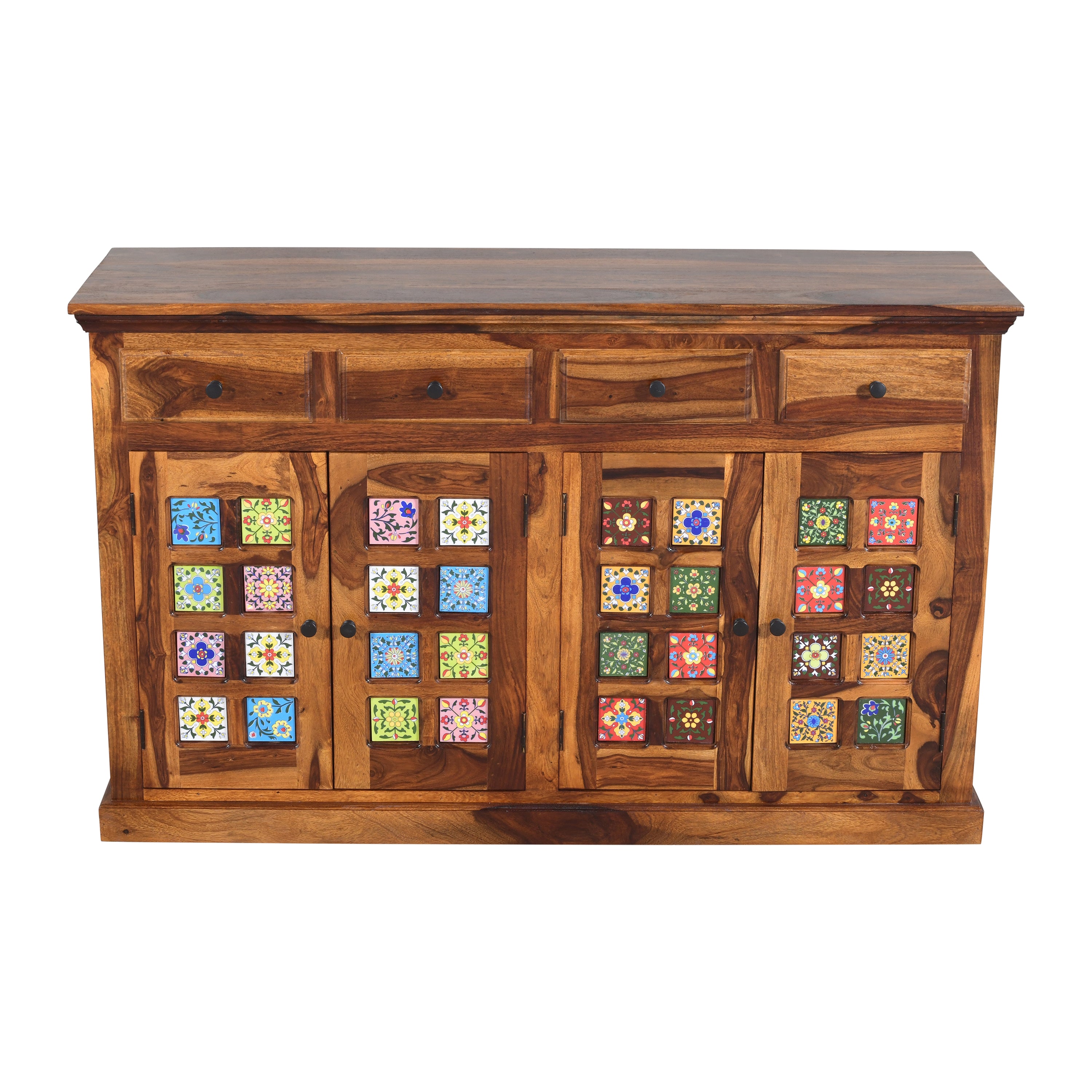 Handcrafted Solid Wood Sideboard Cabinet with Ceramic Tile Doors & Drawers