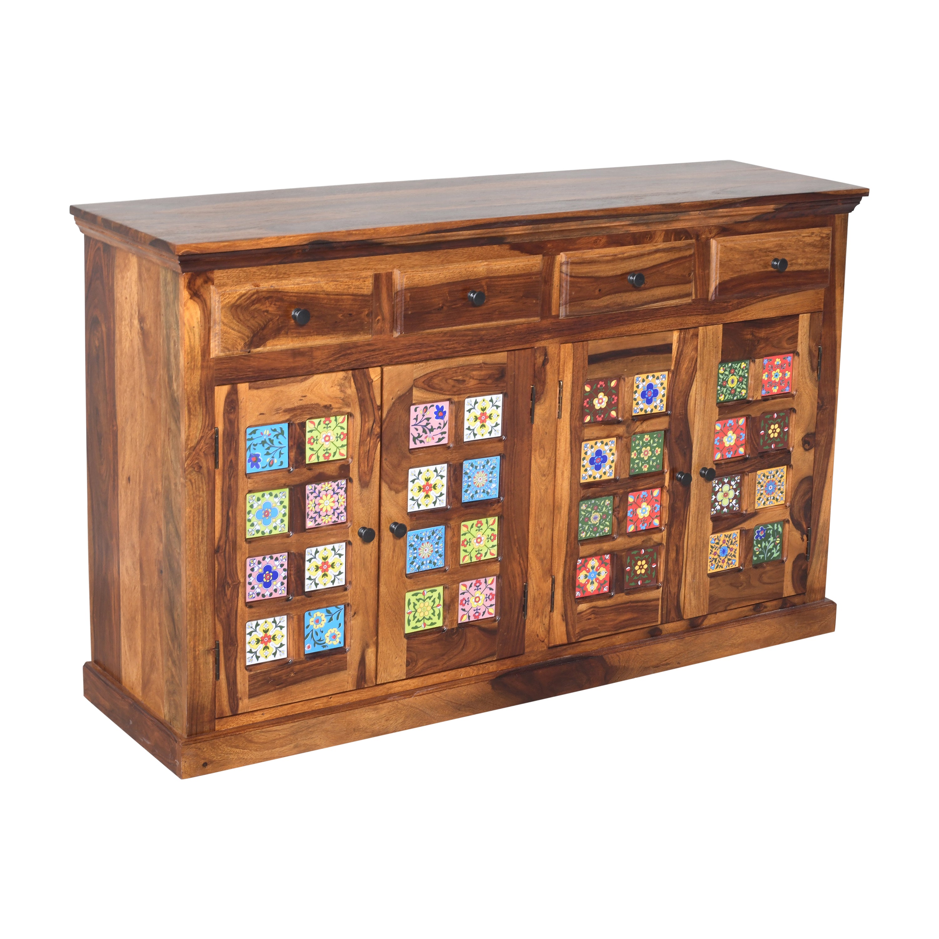 Handcrafted Solid Wood Sideboard Cabinet with Ceramic Tile Doors & Drawers