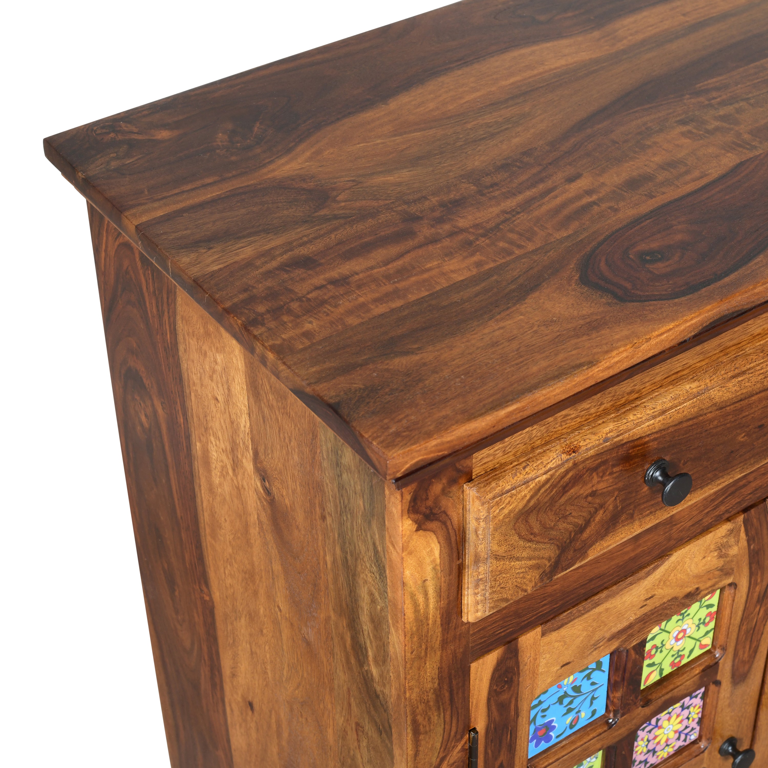 Handcrafted Solid Wood Sideboard Cabinet with Ceramic Tile Doors & Drawers