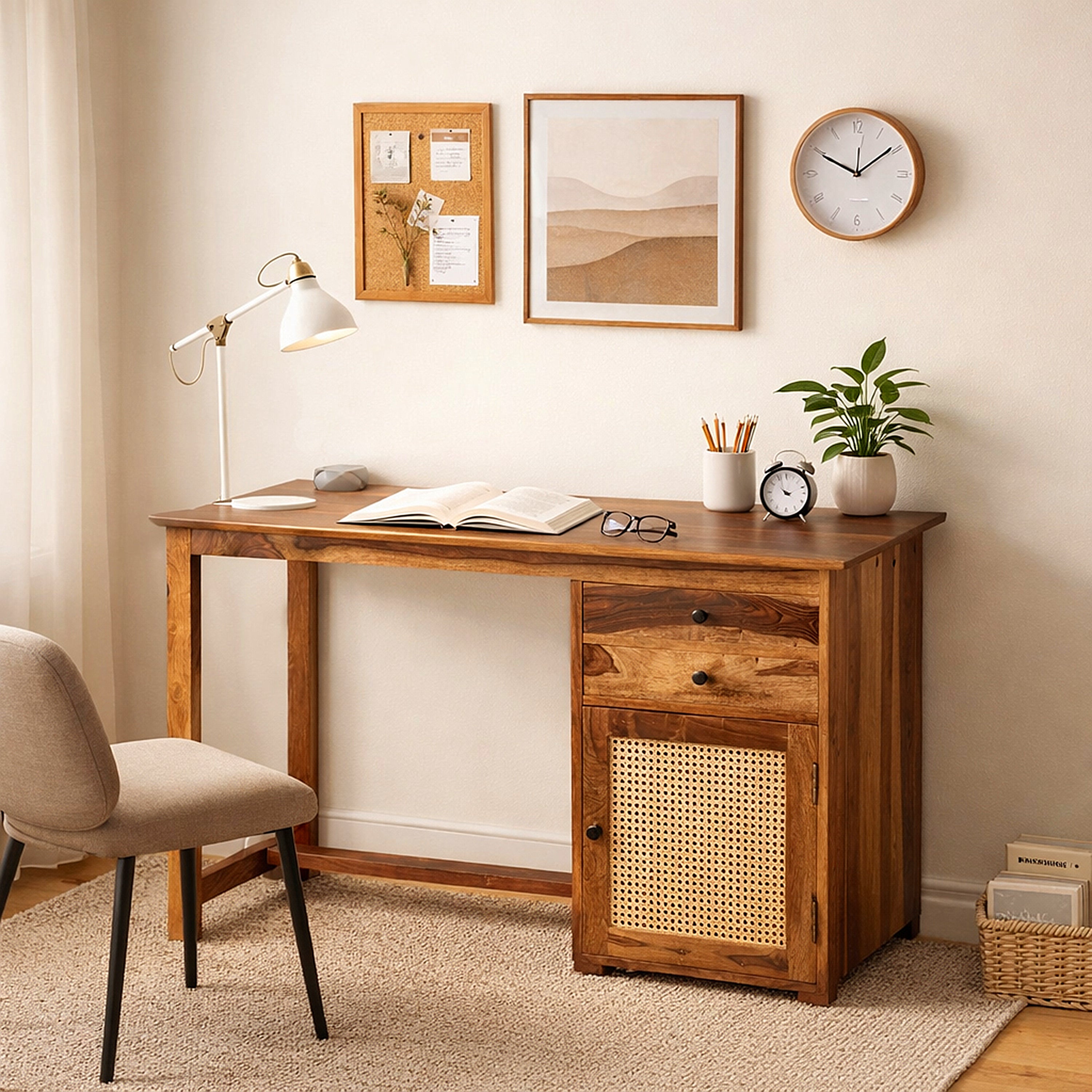 Solid Wood Study Table with Storage Cabinet & Drawers