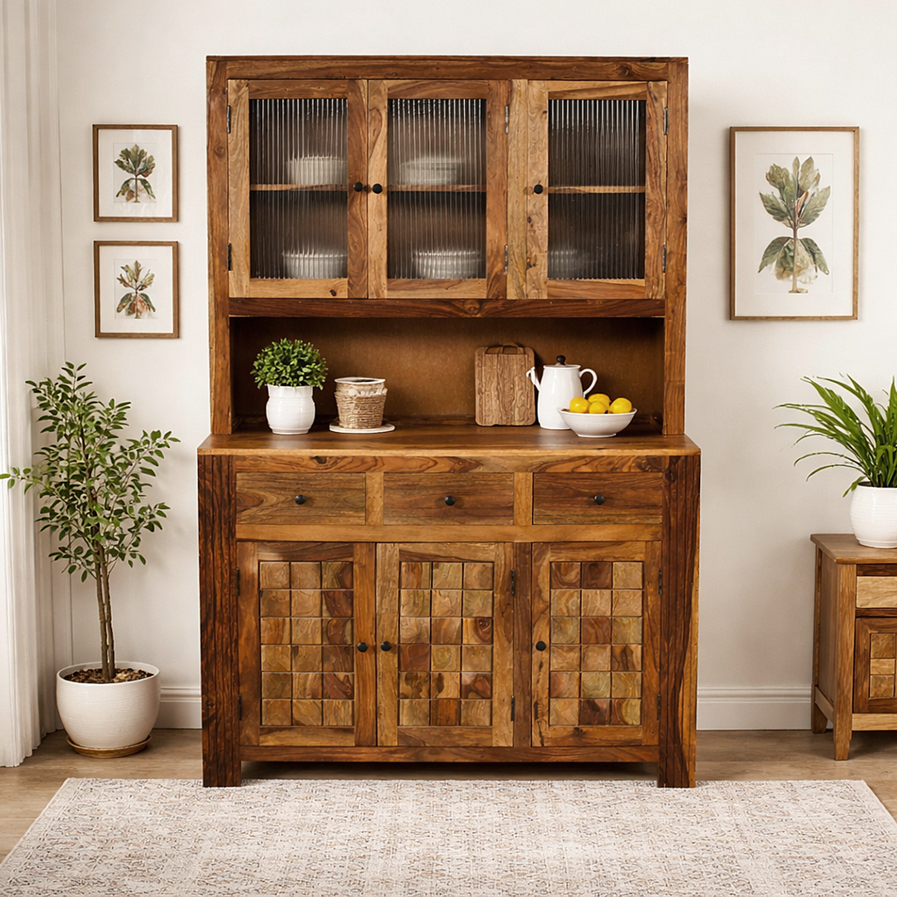 Crockery diamond DS Solid Sheesham Wood Kitchen Hutch Cabinet Diamond design with Glass doors