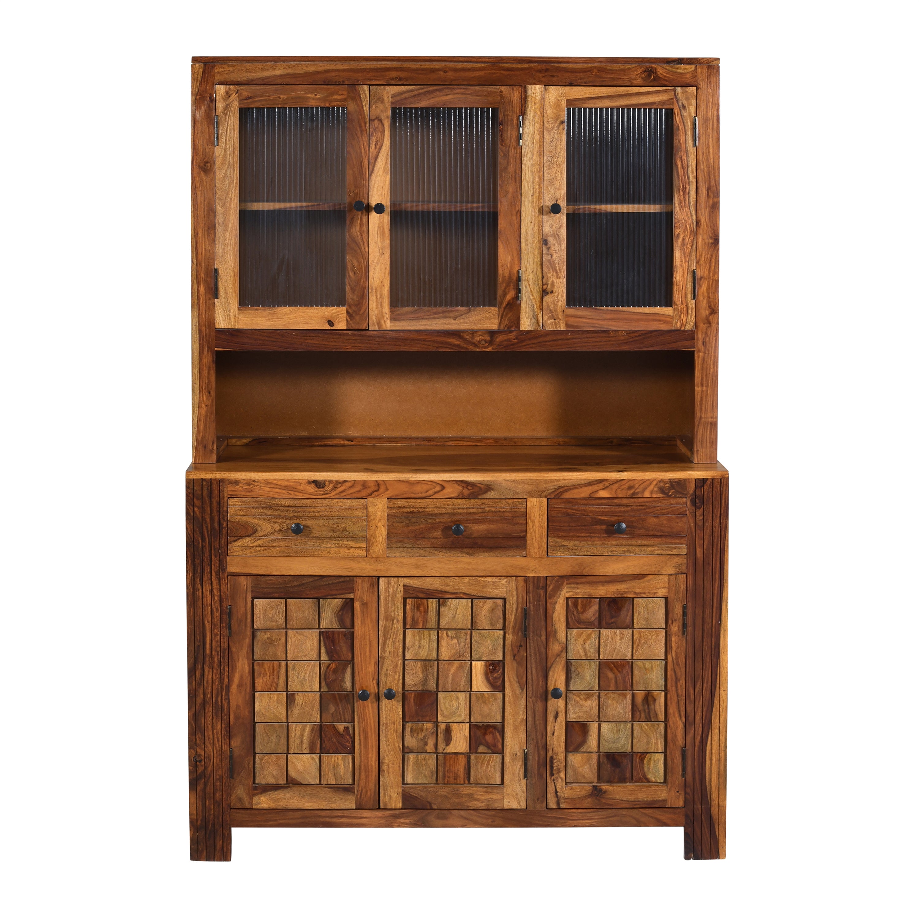 Crockery diamond DS Solid Sheesham Wood Kitchen Hutch Cabinet Diamond design with Glass doors