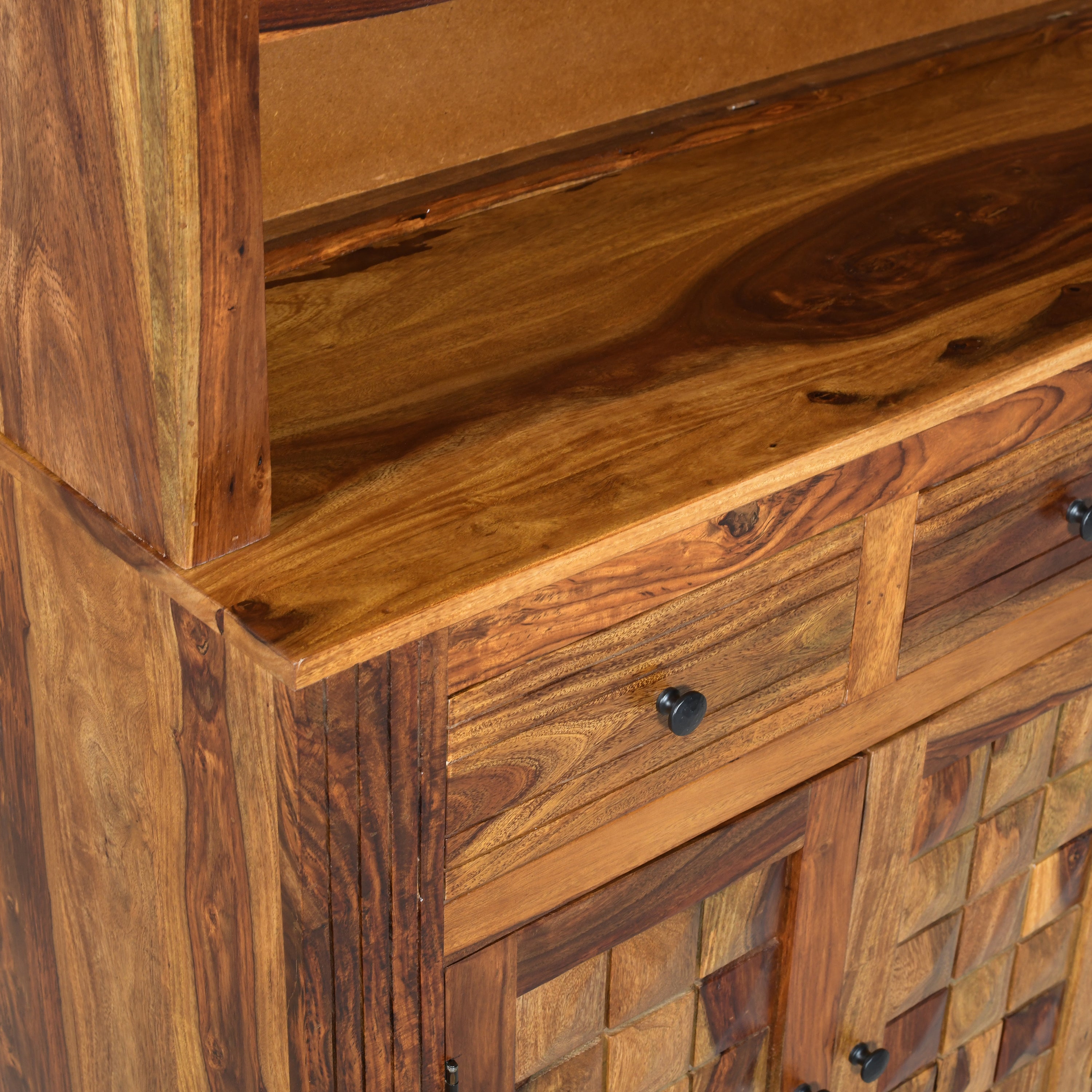Crockery diamond DS Solid Sheesham Wood Kitchen Hutch Cabinet Diamond design with Glass doors