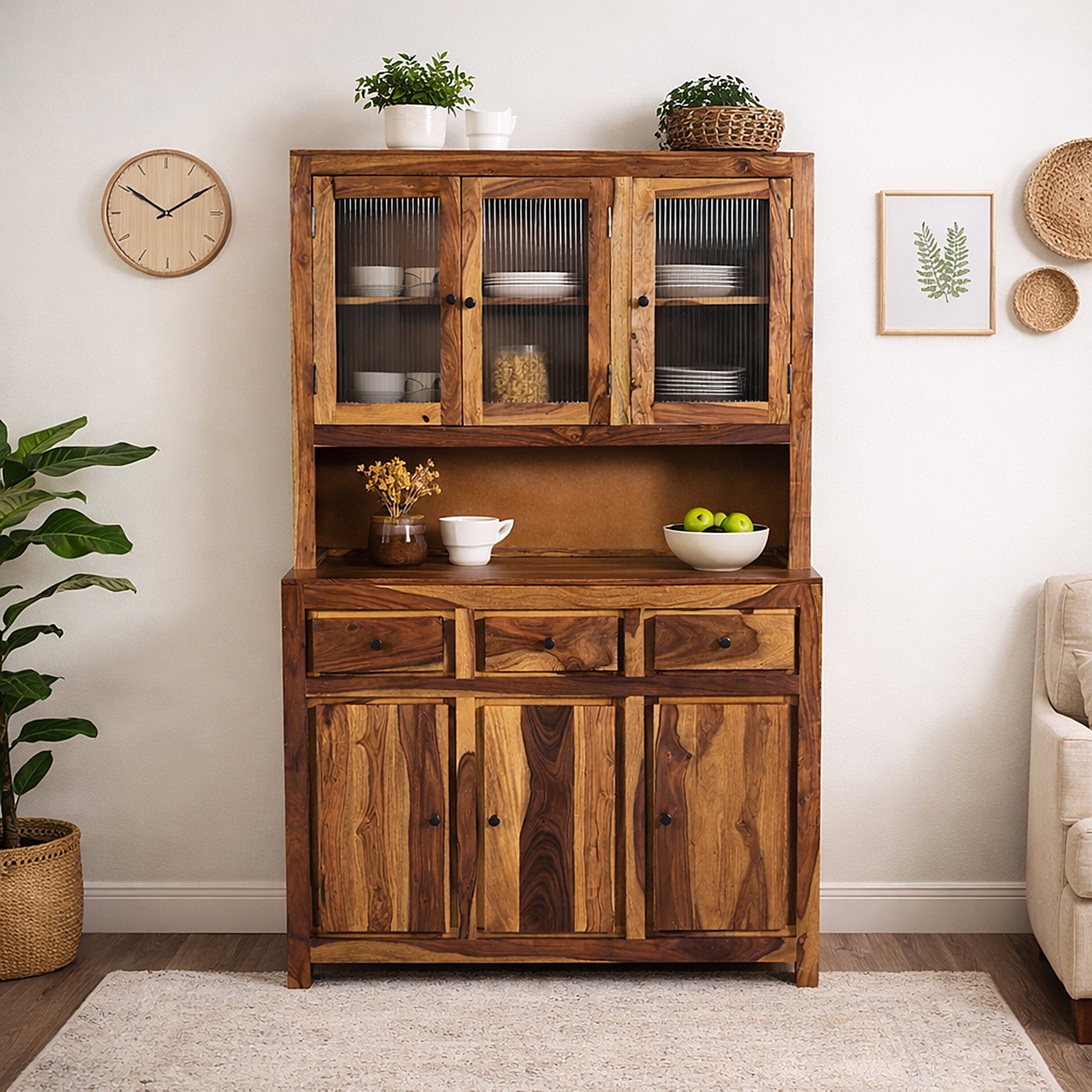 Crocekry plaine DS Solid Sheesham Wood Kitchen Cabinet with glass Doors and Minimal Design