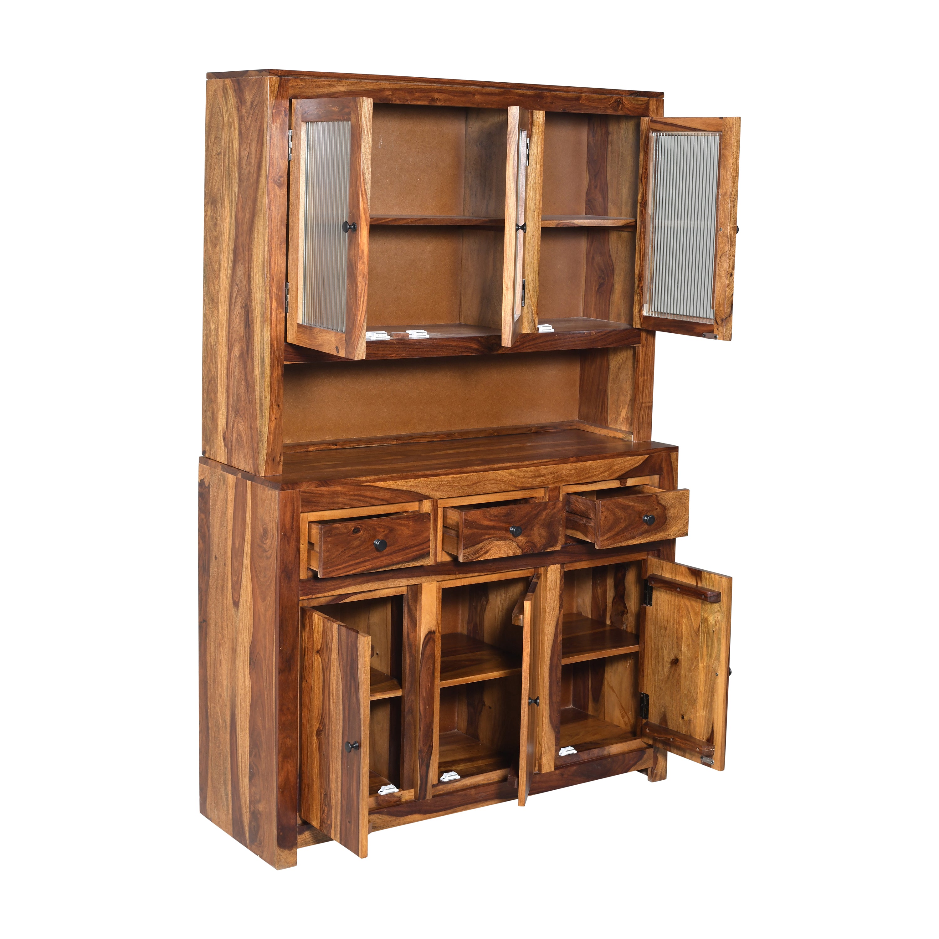 Crocekry plaine DS Solid Sheesham Wood Kitchen Cabinet with glass Doors and Minimal Design