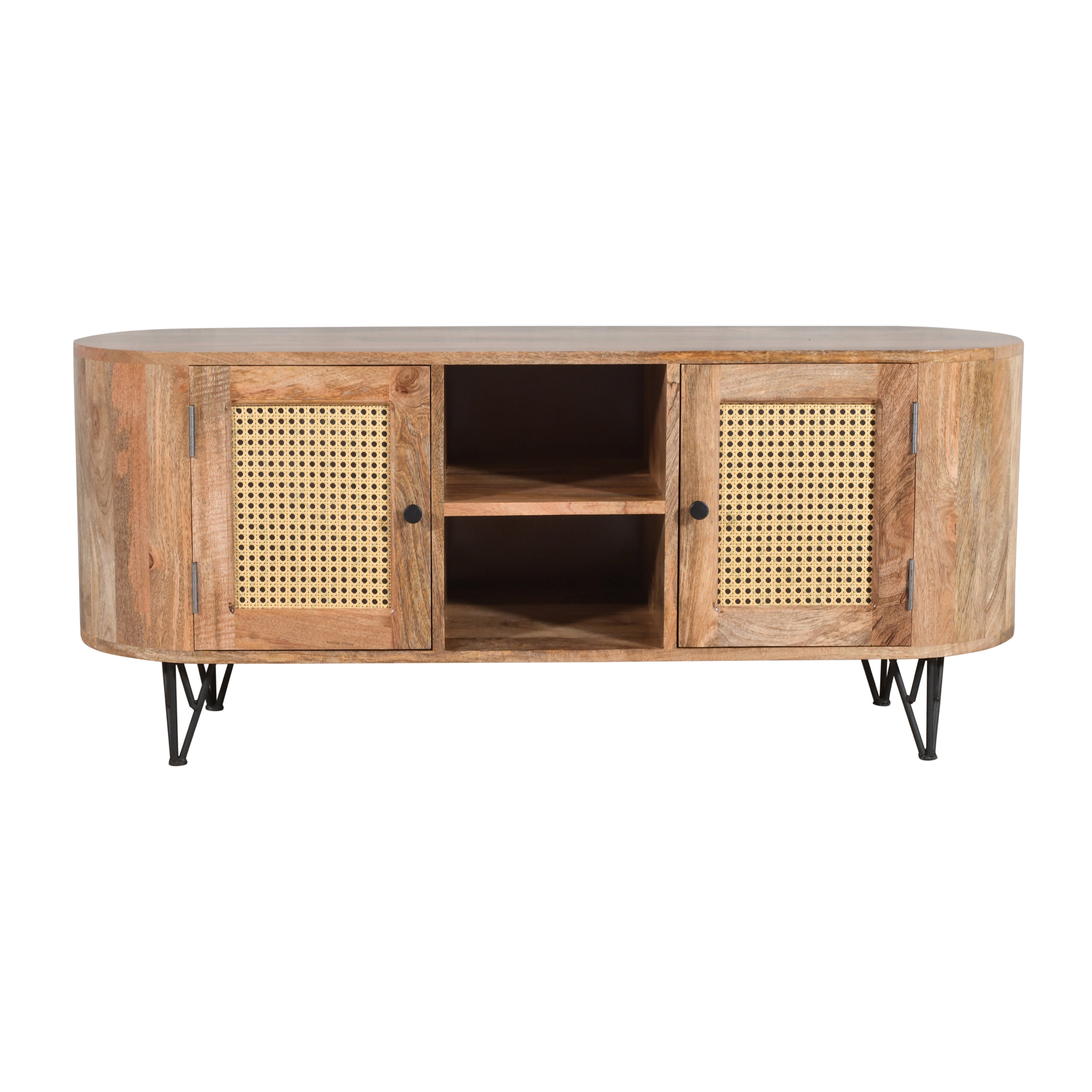 Solid Wood TV Unit with Cane Doors & Curved Design