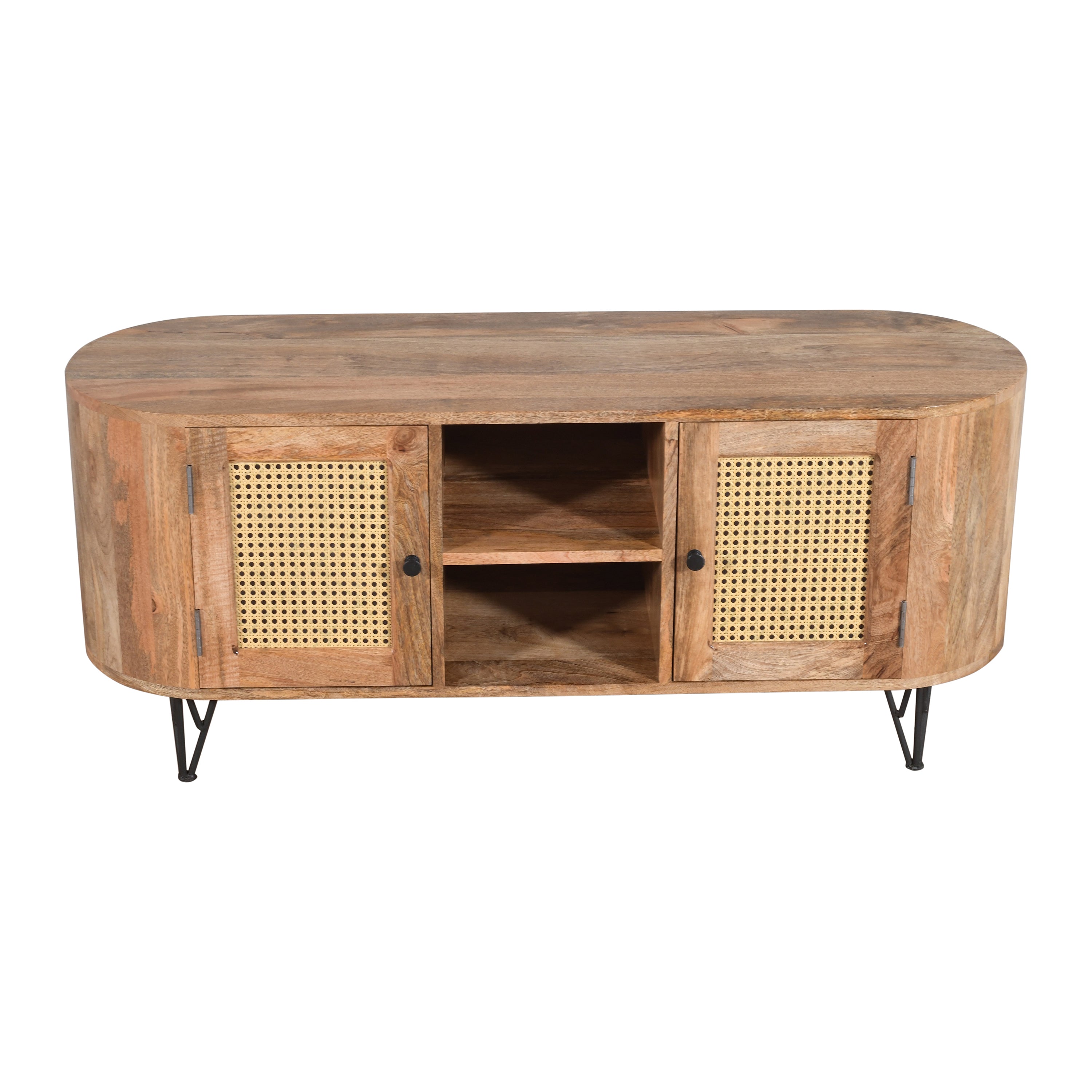 Solid Wood TV Unit with Cane Doors & Curved Design