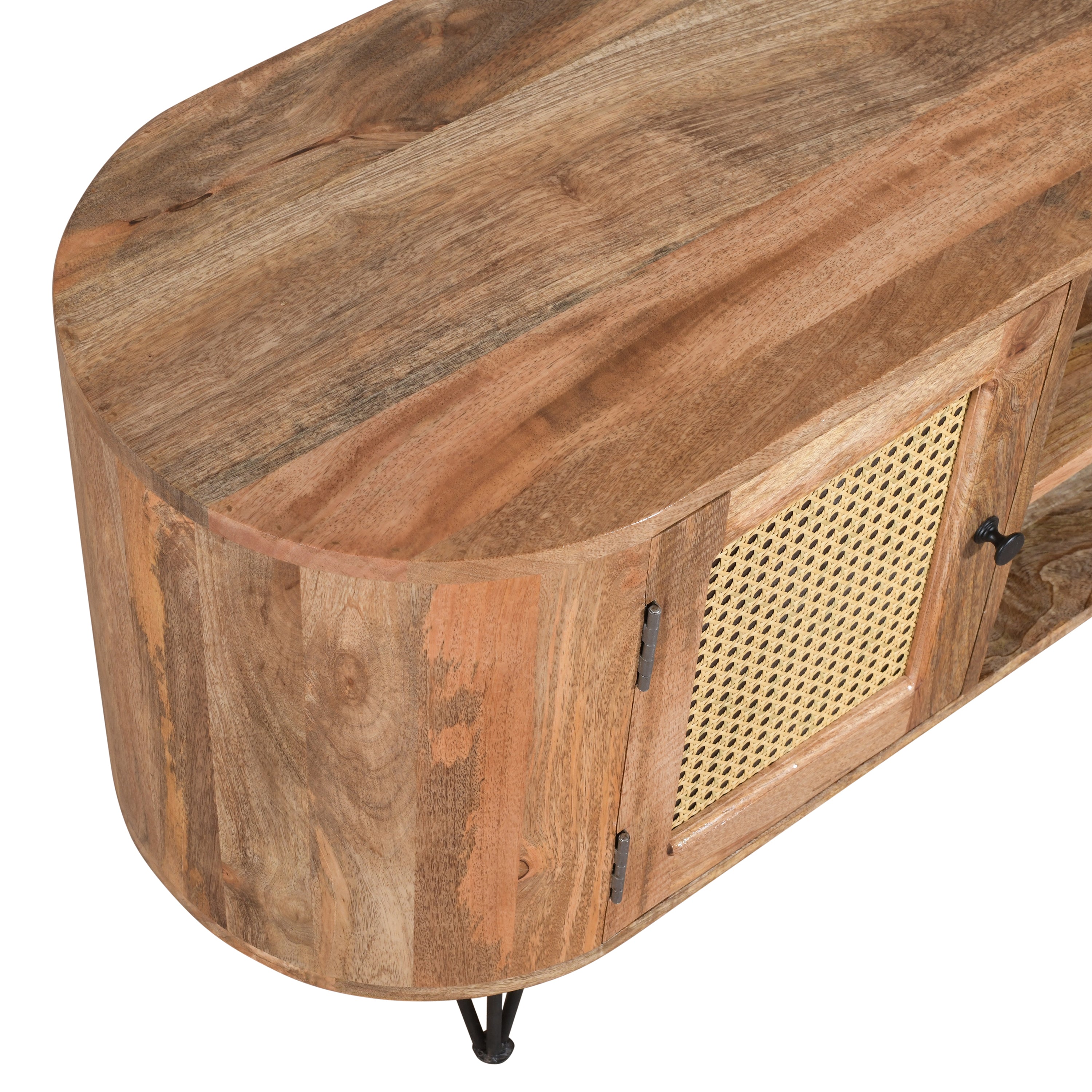 Solid Wood TV Unit with Cane Doors & Curved Design