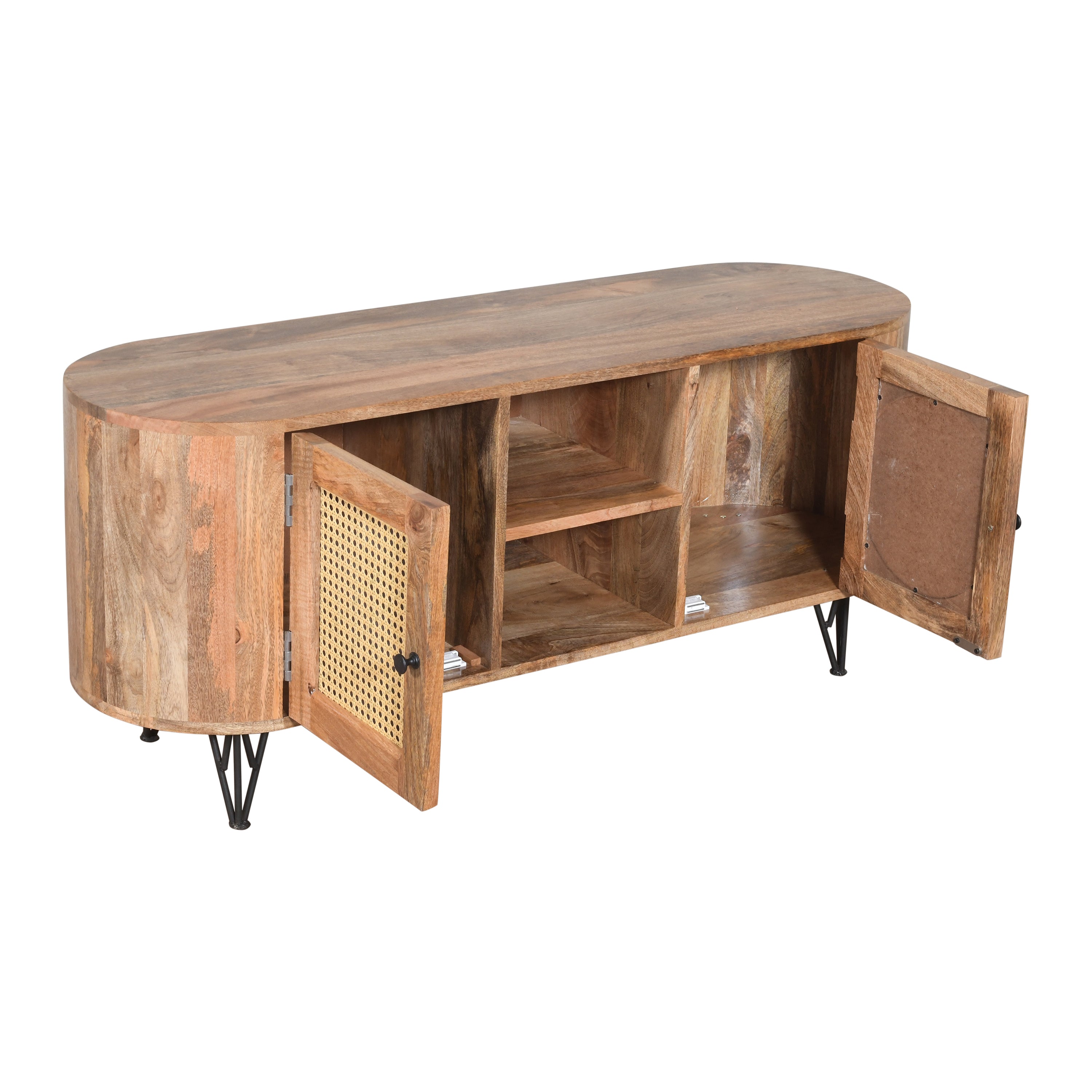 Solid Wood TV Unit with Cane Doors & Curved Design