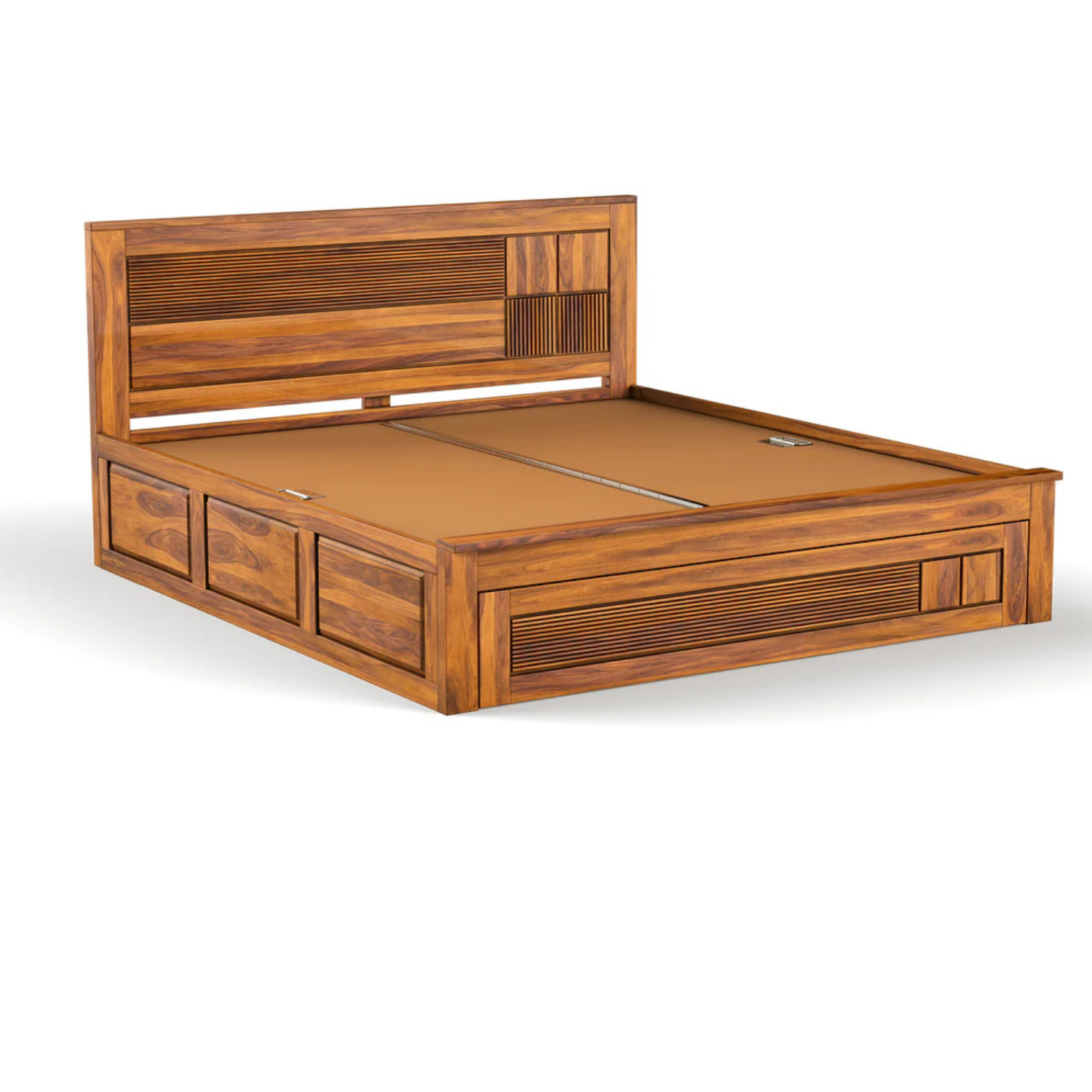 4 Squar Solid Sheesham Wood Bed with Modern Slatted Square Design and Drawer Storage