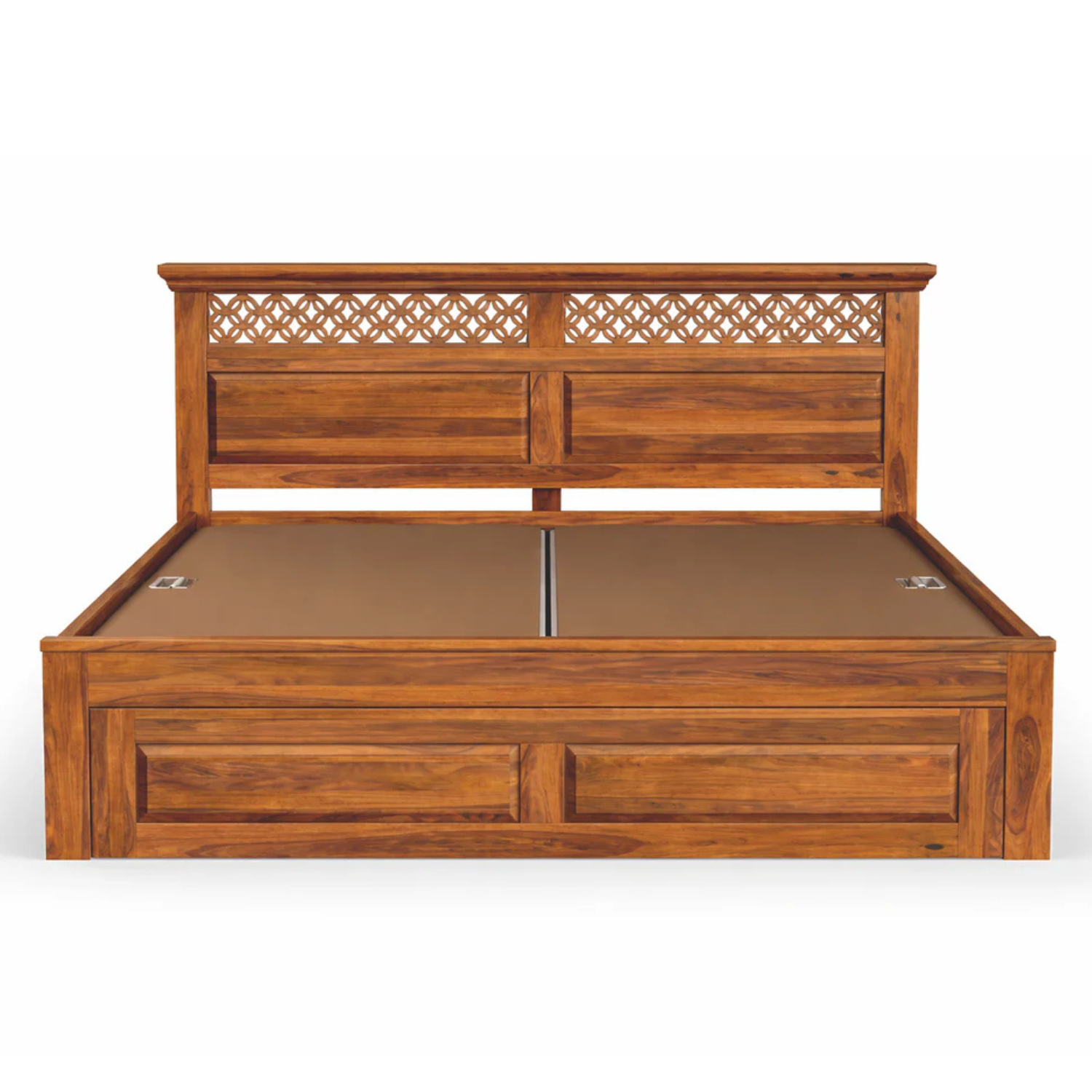 Wooden Flower Solid Sheesham Wood Bed with Floral Jaali Headboard Design