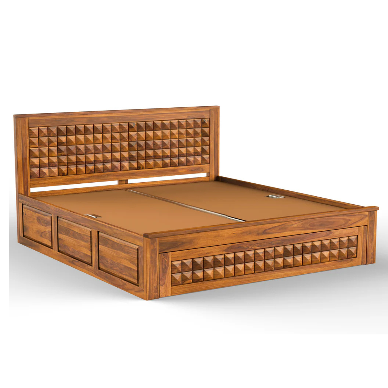 Diamond Solid Sheesham Wood Bed with Diamond Carved Headboard and Drawer Storage
