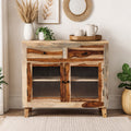 Cabinet flow glass Handcrafted Natural Wood Storage Cabinet with Textured Glass Doors