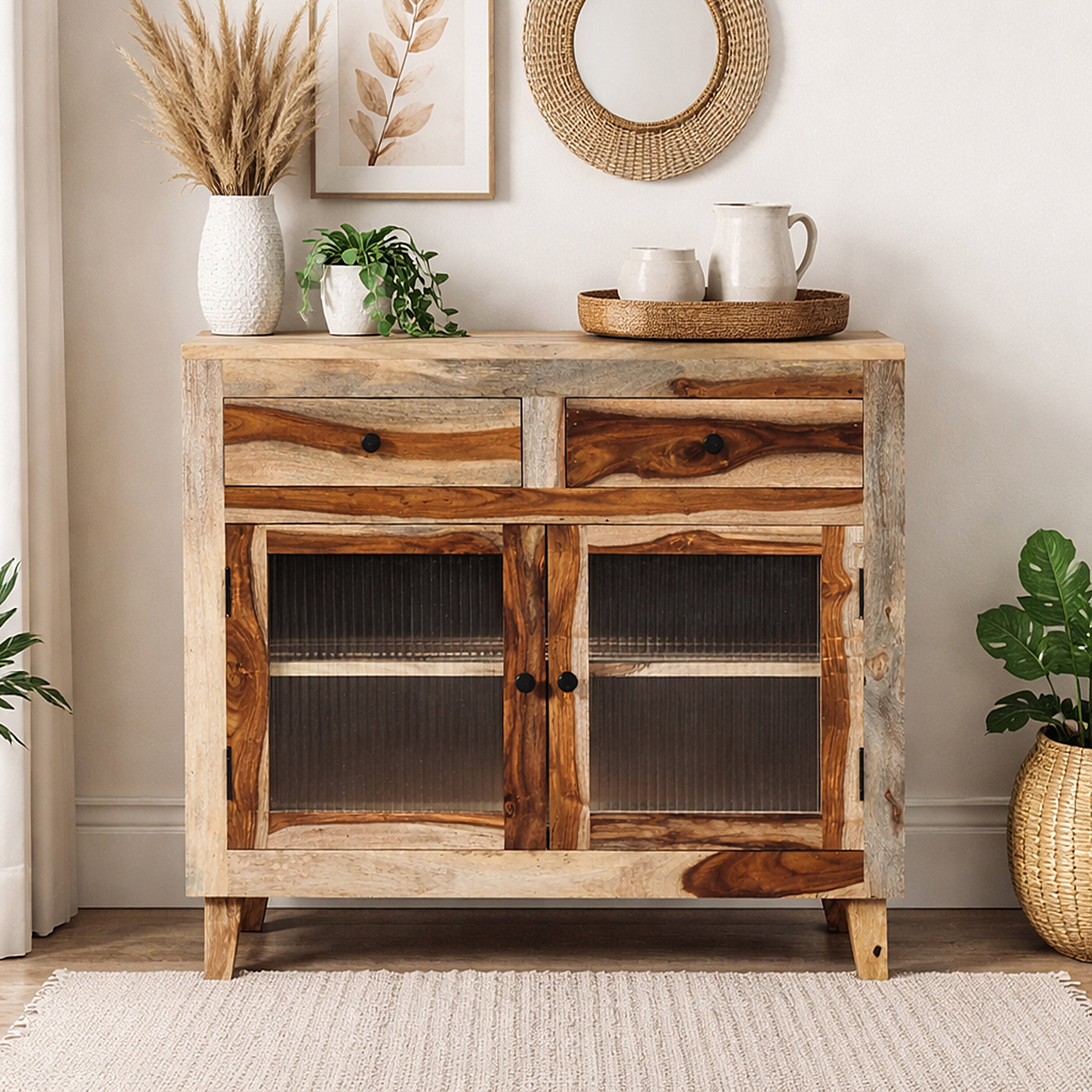 Handcrafted Natural Wood Storage Cabinet with Textured Glass Doors