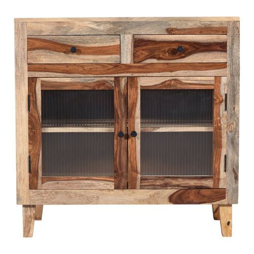 Handcrafted Natural Wood Storage Cabinet with Textured Glass Doors