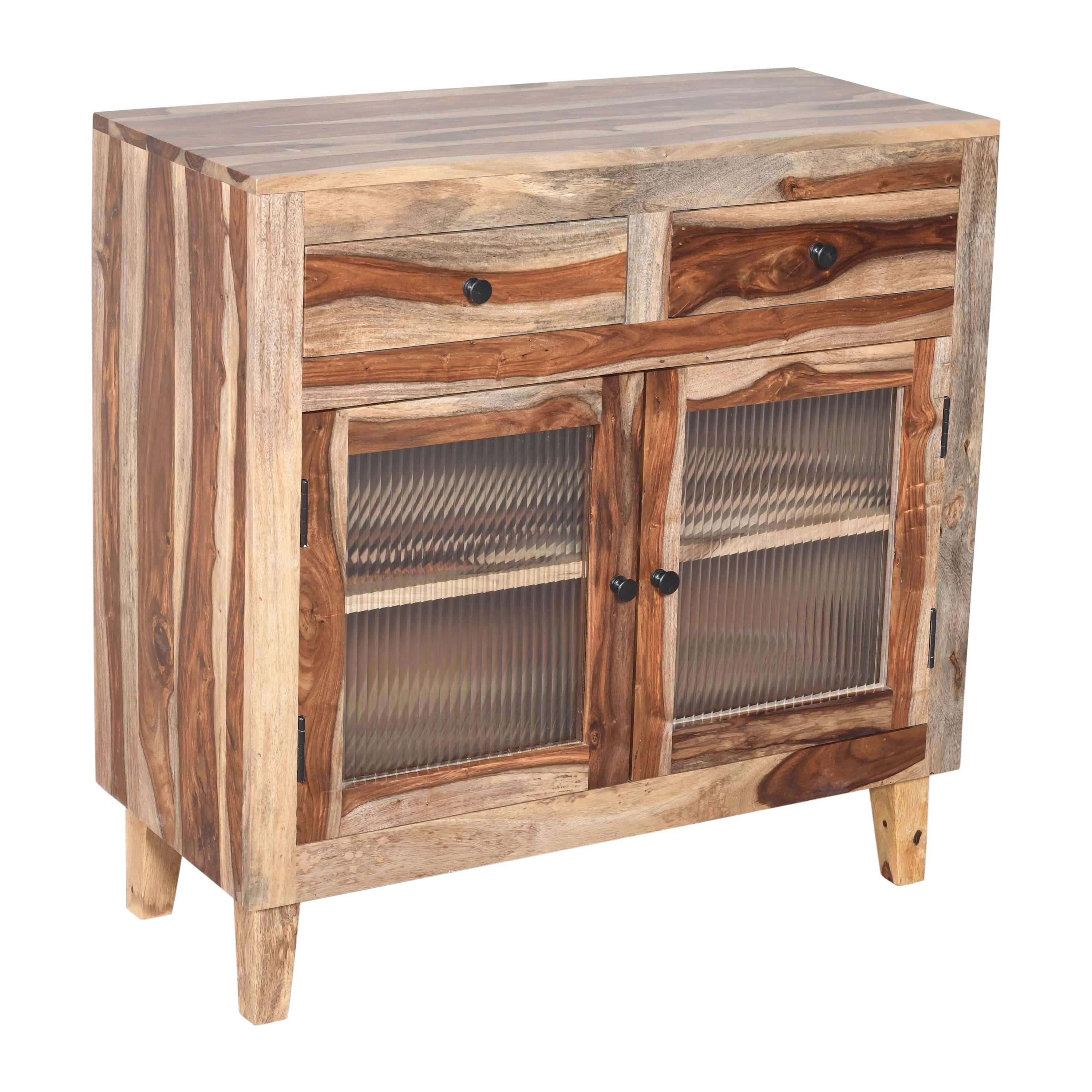 Handcrafted Natural Wood Storage Cabinet with Textured Glass Doors