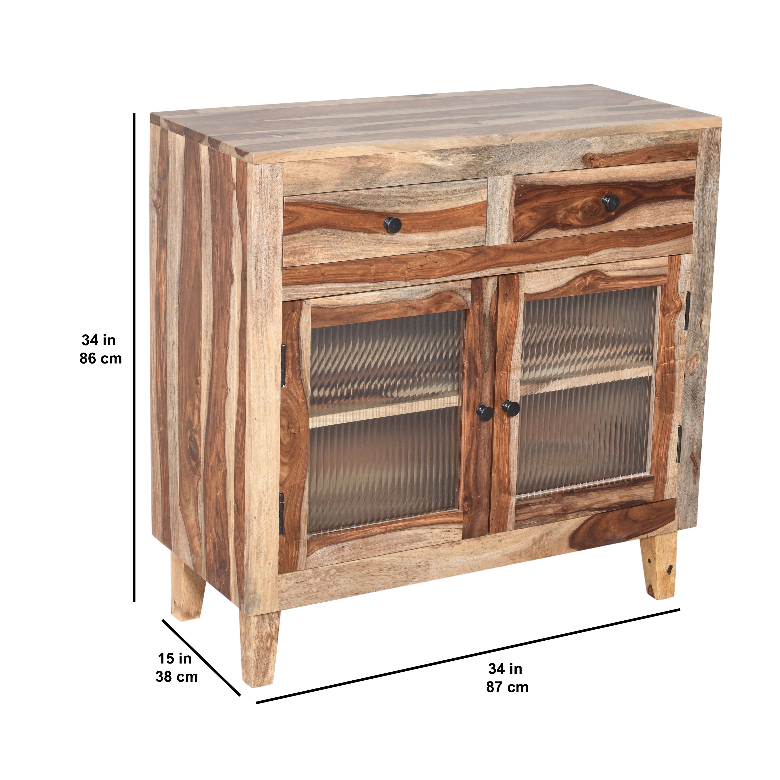 Cabinet flow glass Handcrafted Natural Wood Storage Cabinet with Textured Glass Doors