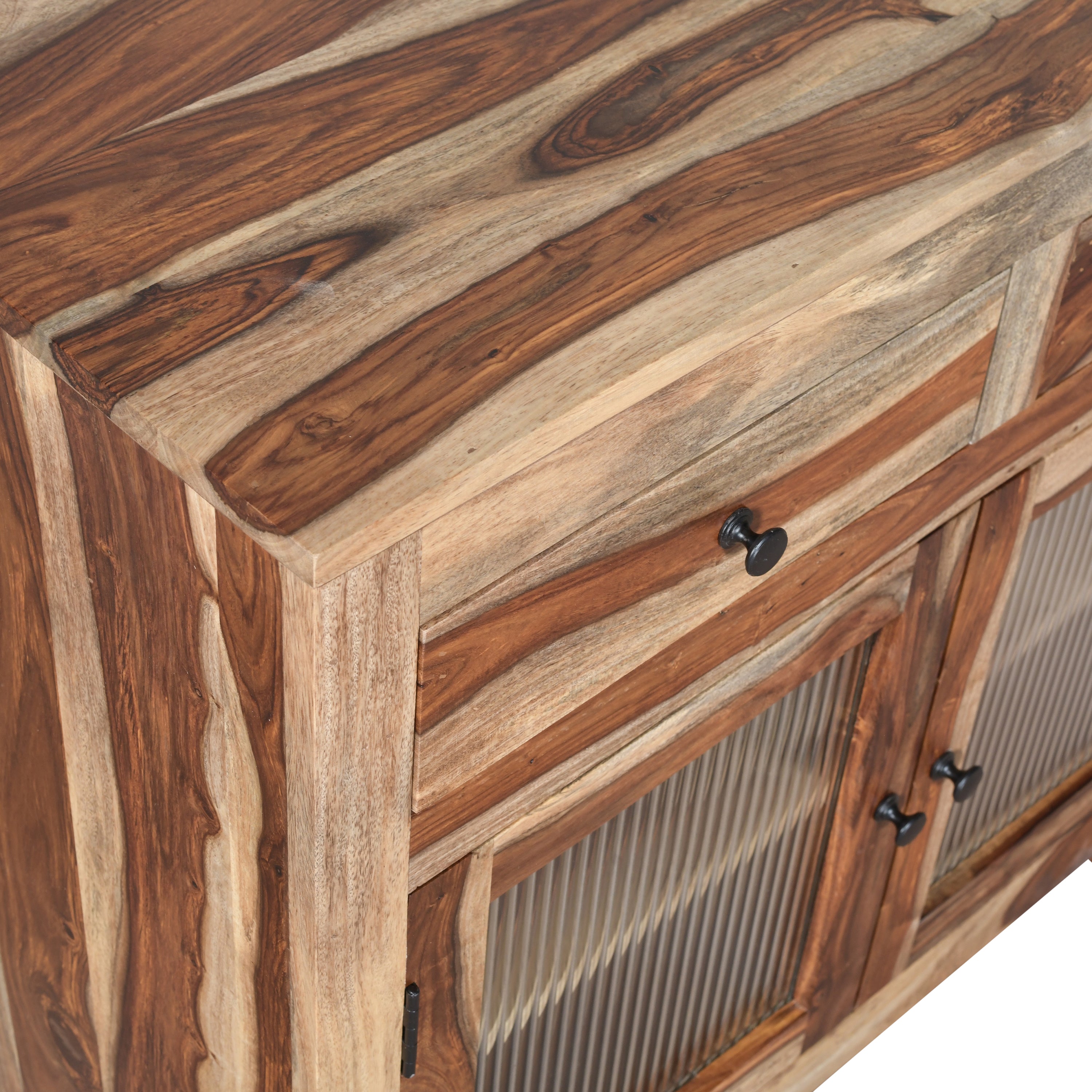 Handcrafted Natural Wood Storage Cabinet with Textured Glass Doors