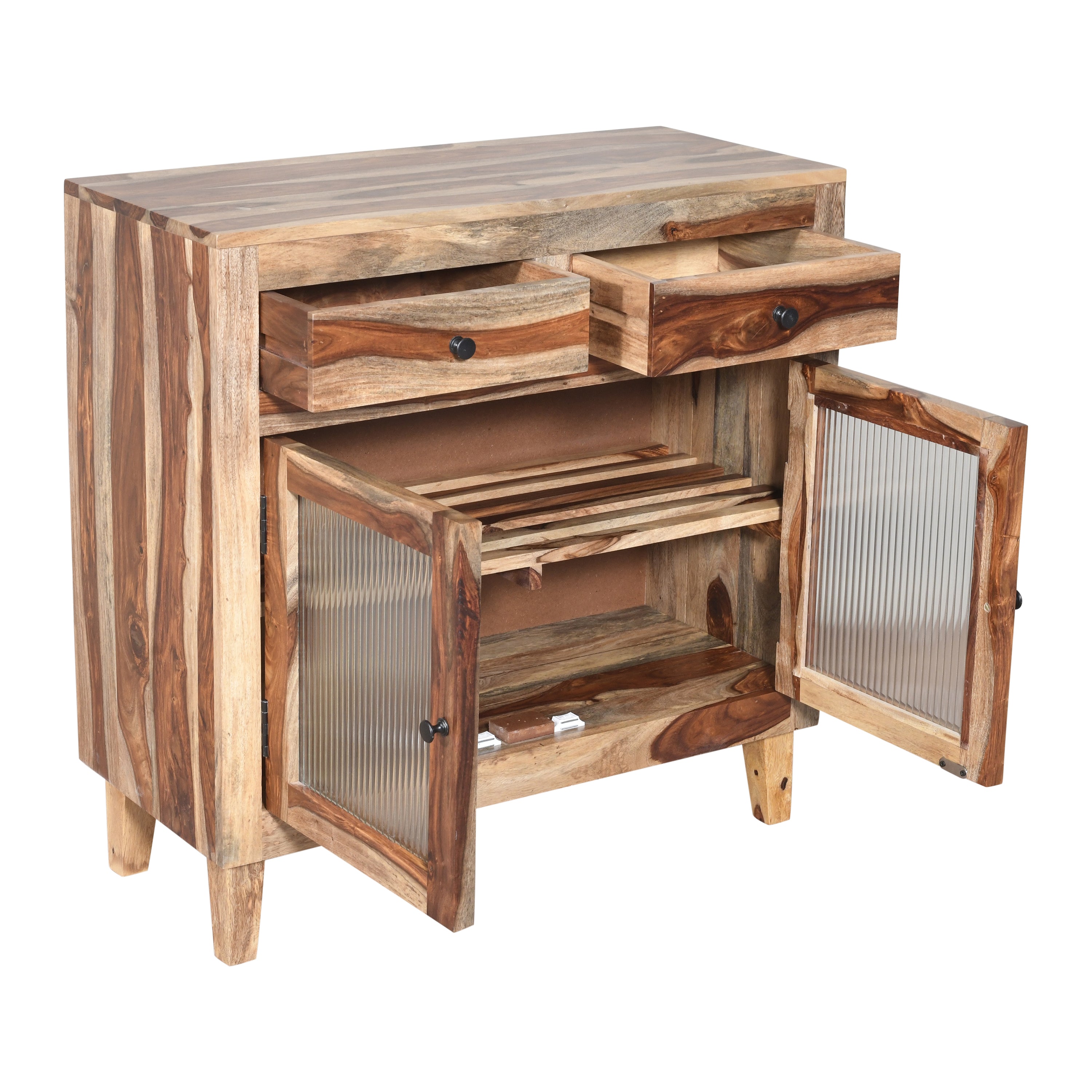 Handcrafted Natural Wood Storage Cabinet with Textured Glass Doors