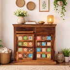 Handcrafted Solid Wood Storage Cabinet with Ceramic Tile Doors & Drawers